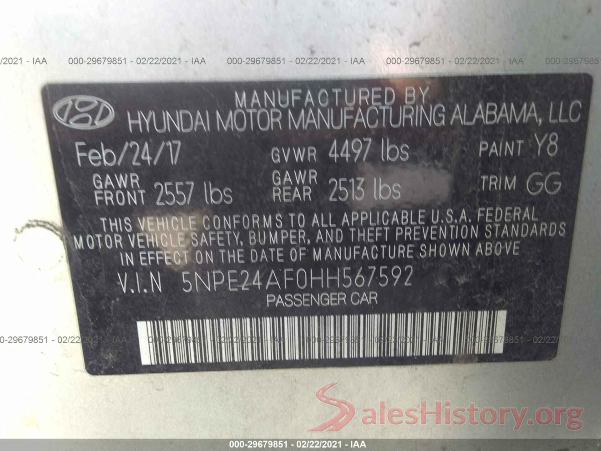 5NPE24AF0HH567592 2017 HYUNDAI SONATA