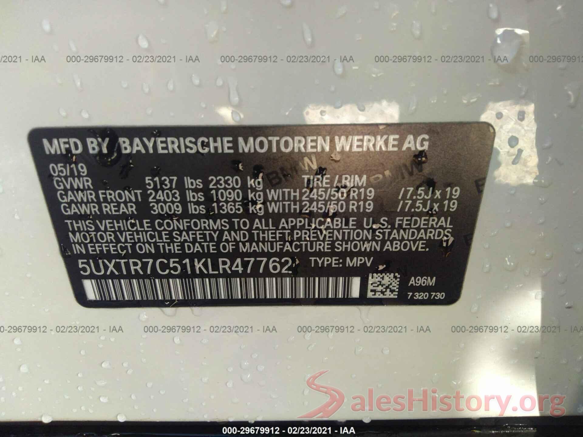 5UXTR7C51KLR47762 2019 BMW X3