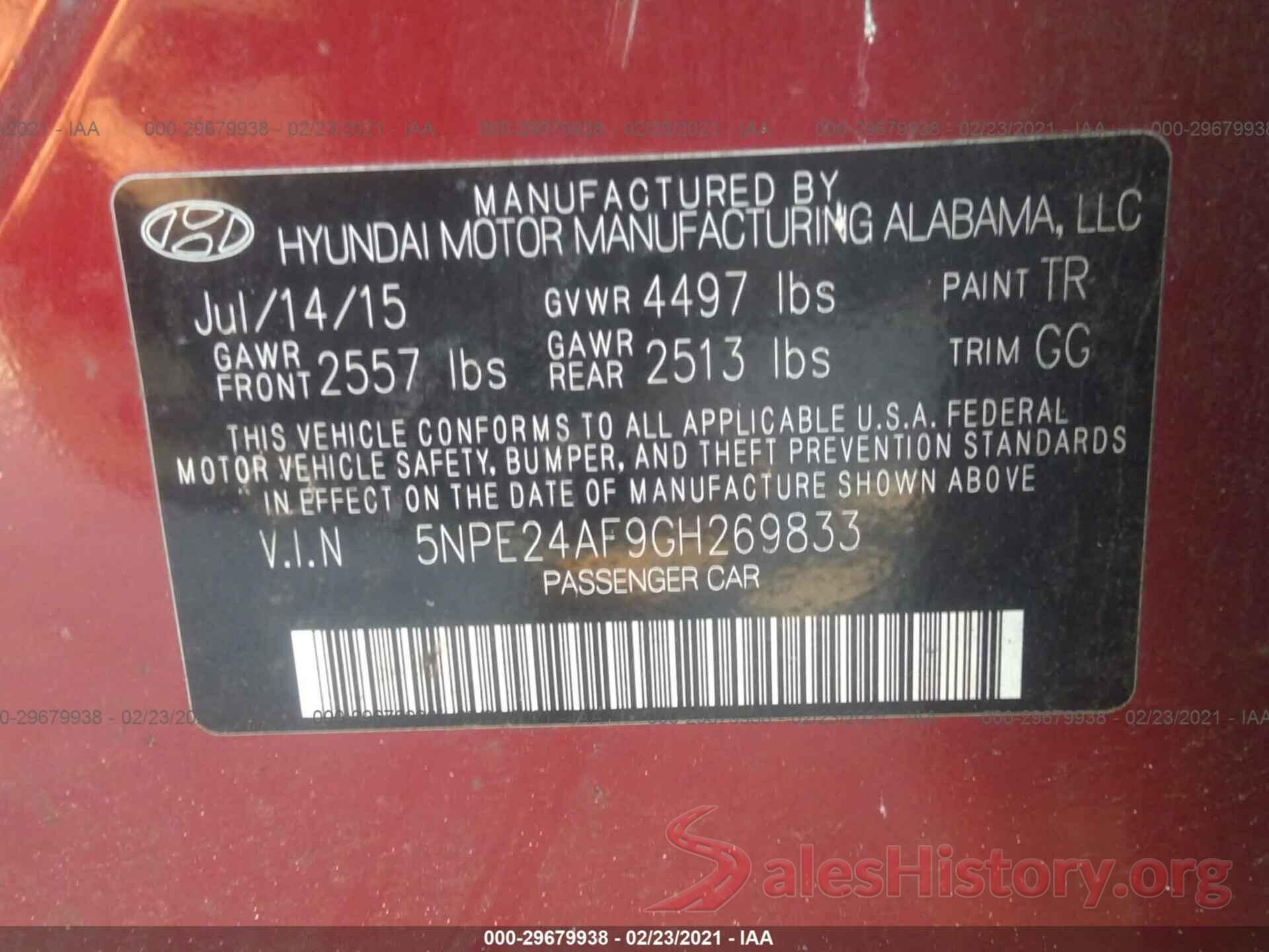 5NPE24AF9GH269833 2016 HYUNDAI SONATA