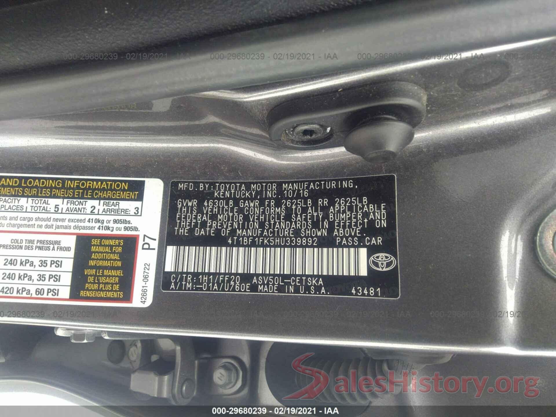 4T1BF1FK5HU339892 2017 TOYOTA CAMRY