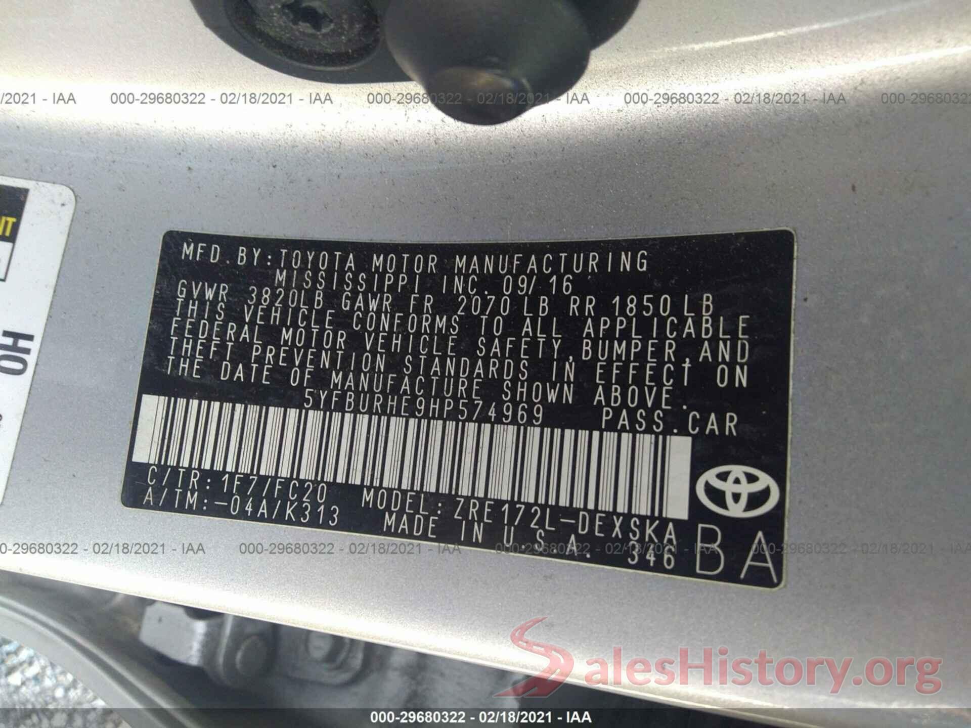 5YFBURHE9HP574969 2017 TOYOTA COROLLA