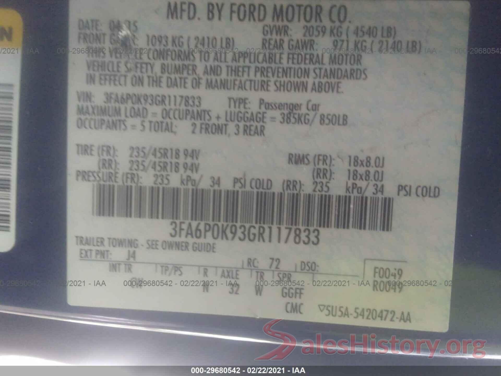 3FA6P0K93GR117833 2016 FORD FUSION