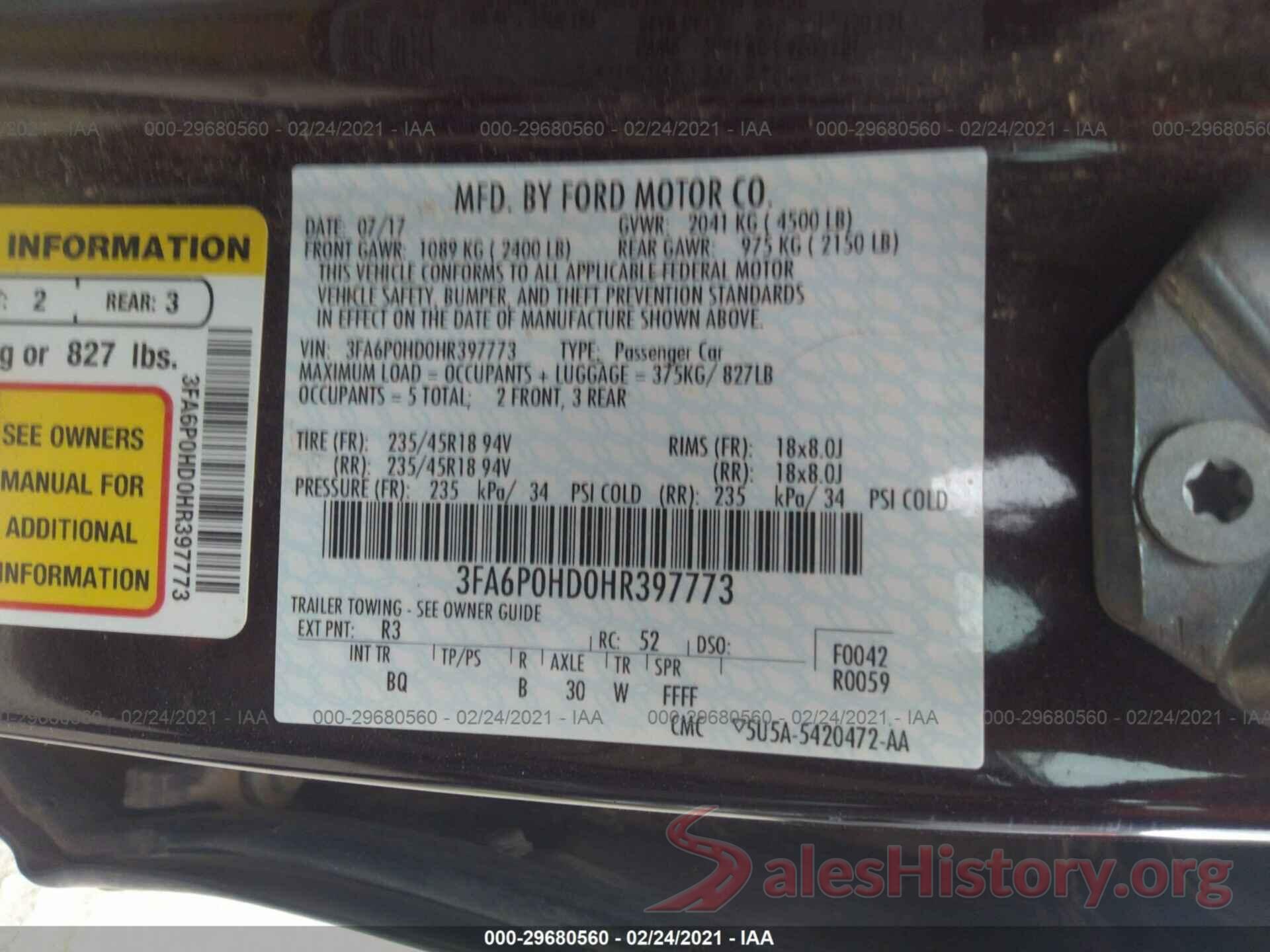 3FA6P0HD0HR397773 2017 FORD FUSION