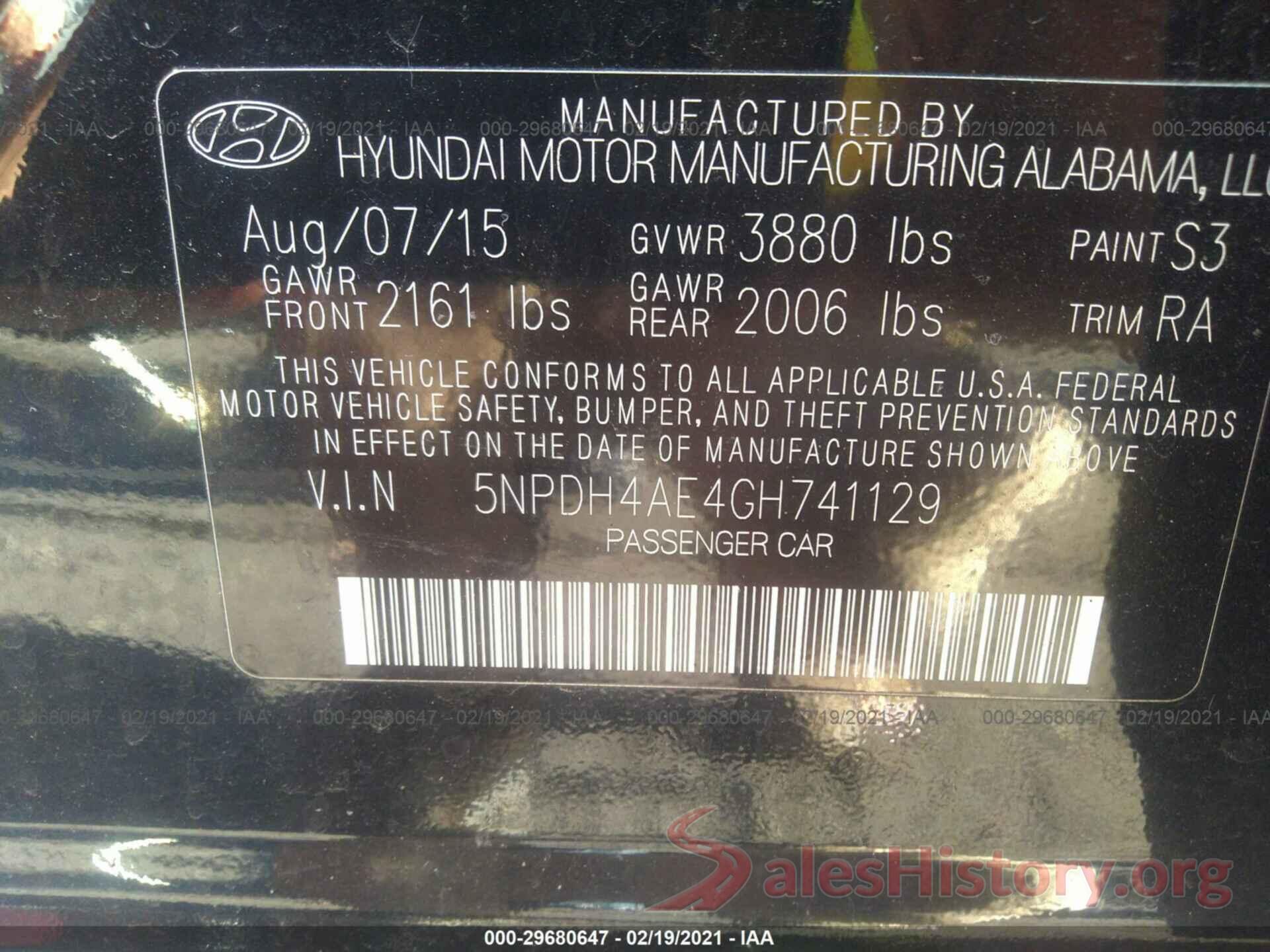 5NPDH4AE4GH741129 2016 HYUNDAI ELANTRA