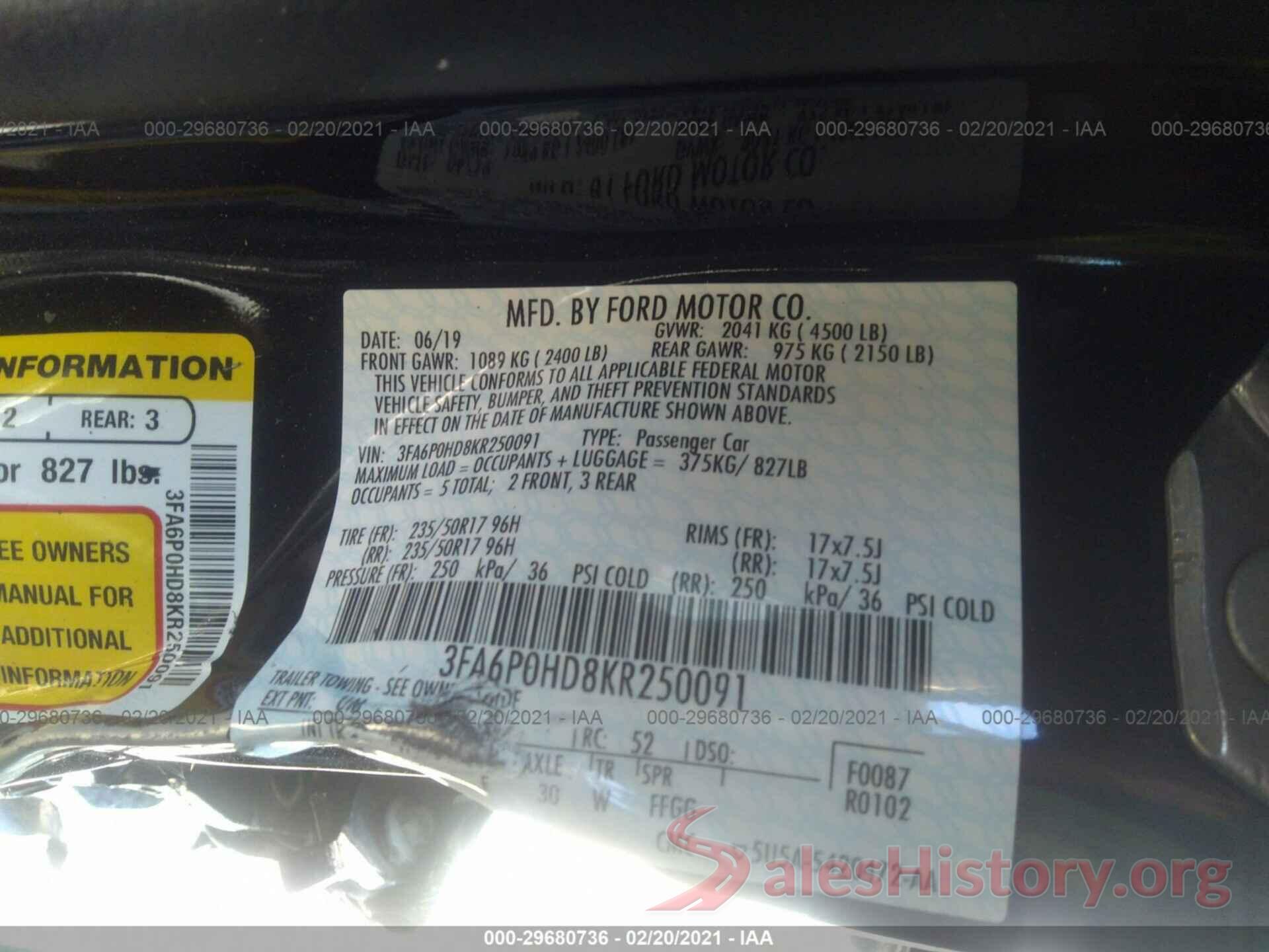 3FA6P0HD8KR250091 2019 FORD FUSION