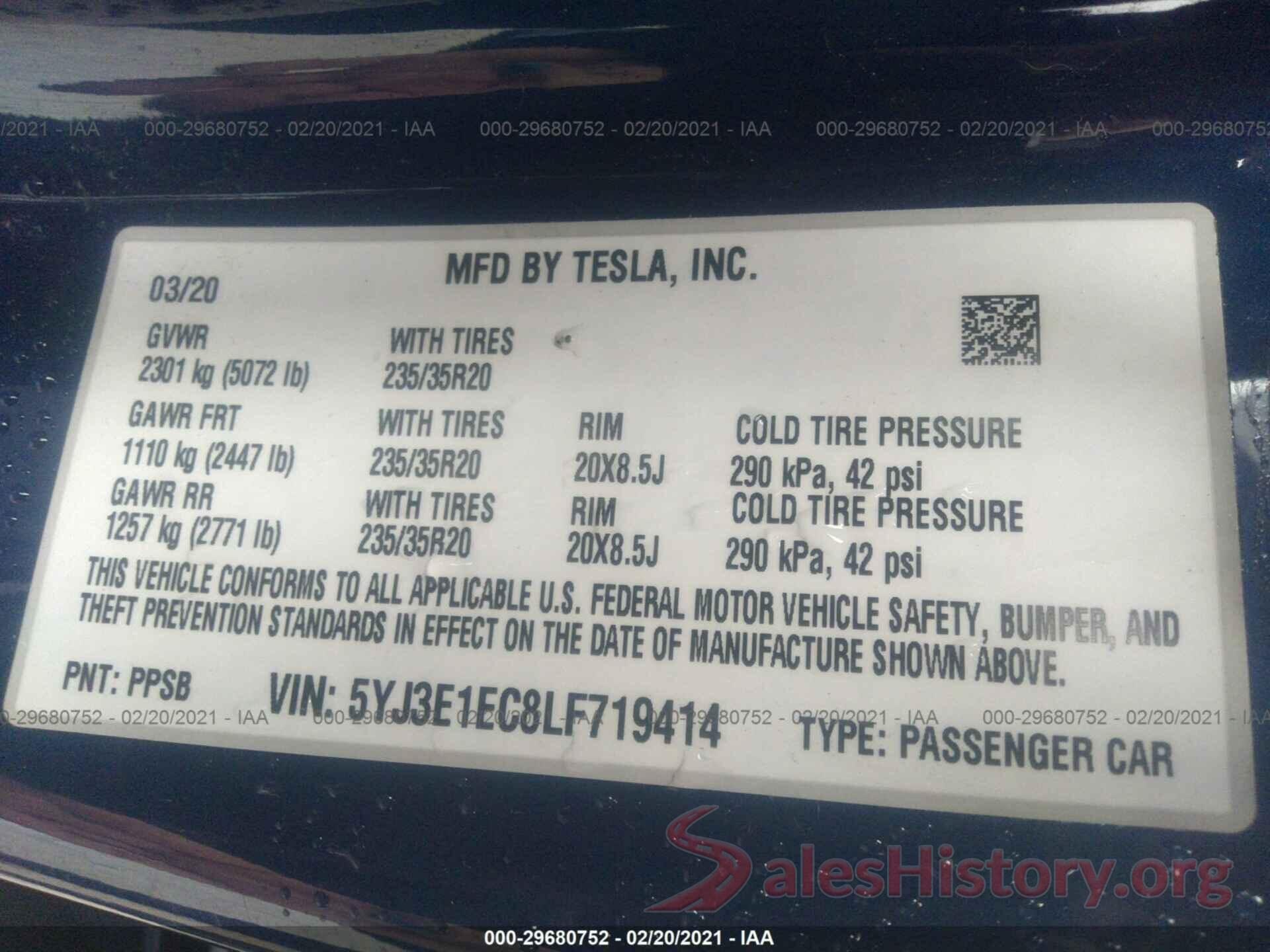 5YJ3E1EC8LF719414 2020 TESLA MODEL 3