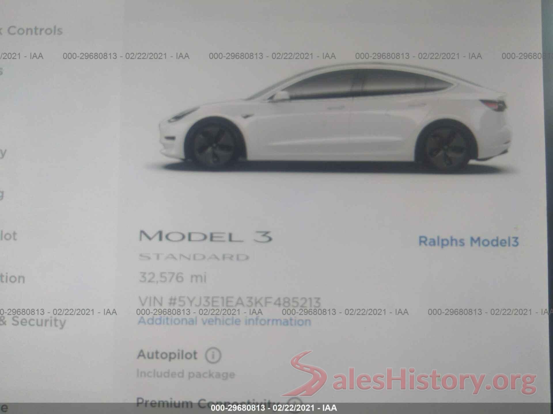 5YJ3E1EA3KF485213 2019 TESLA MODEL 3