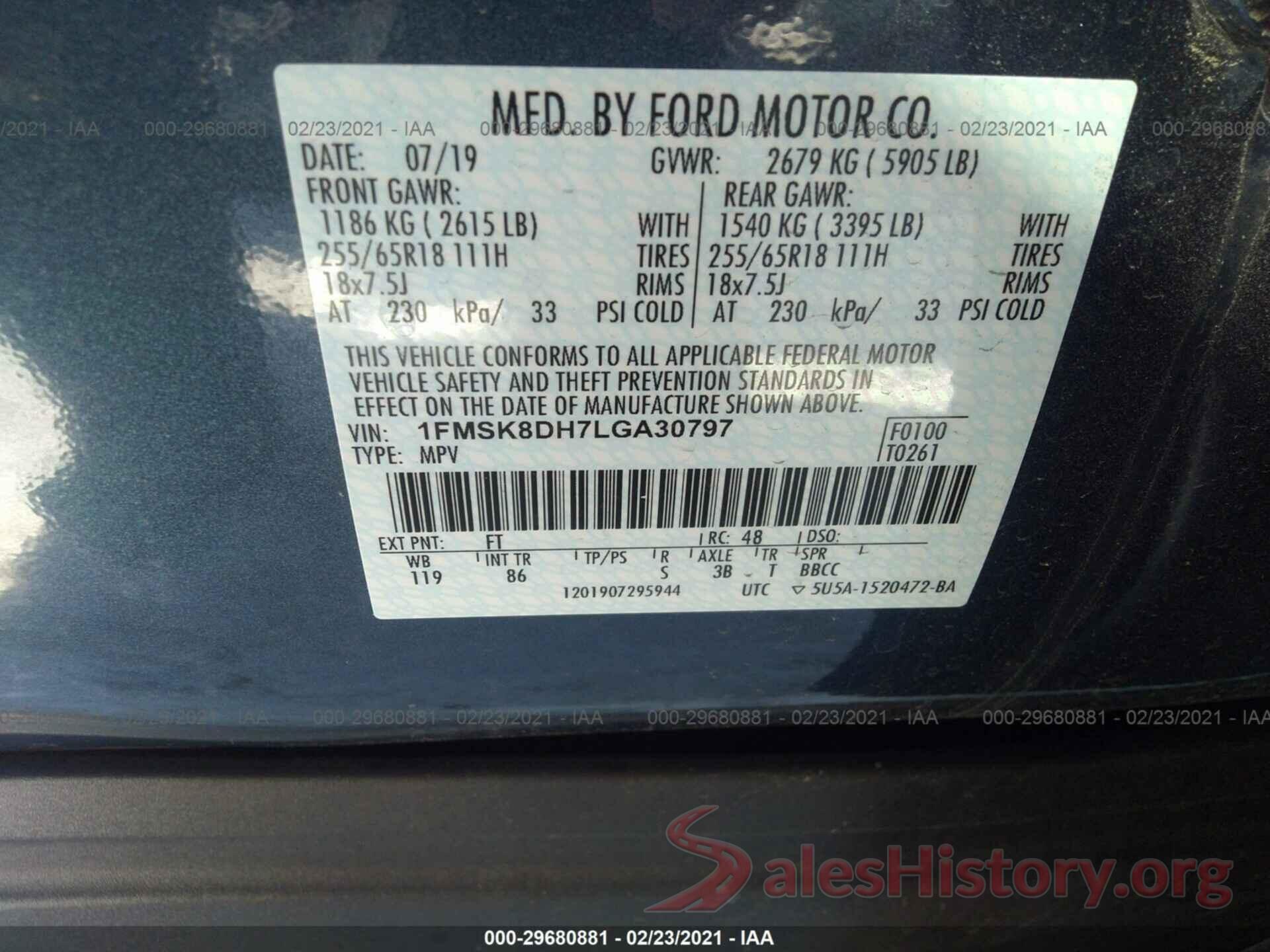 1FMSK8DH7LGA30797 2020 FORD EXPLORER