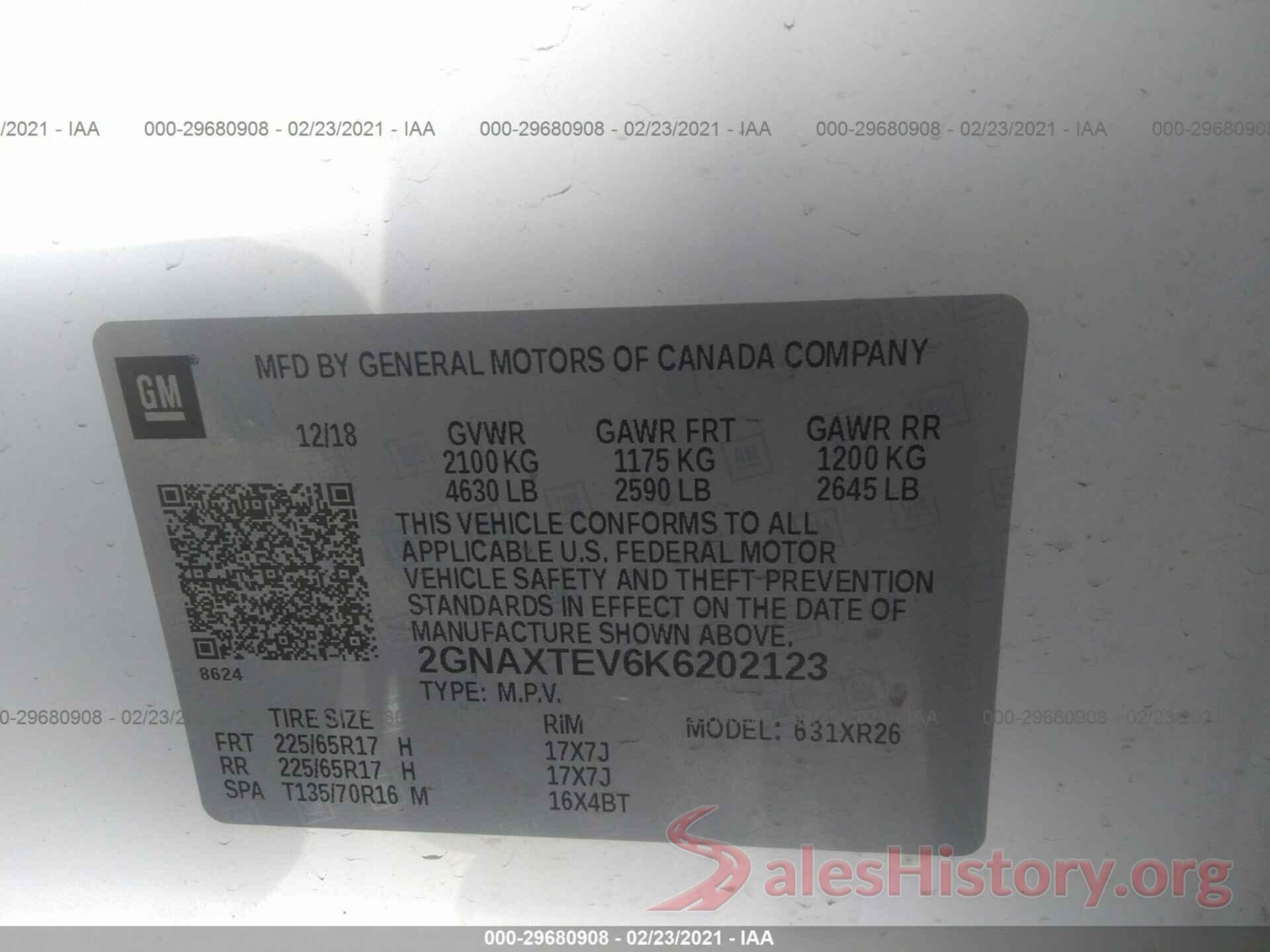 2GNAXTEV6K6202123 2019 CHEVROLET EQUINOX