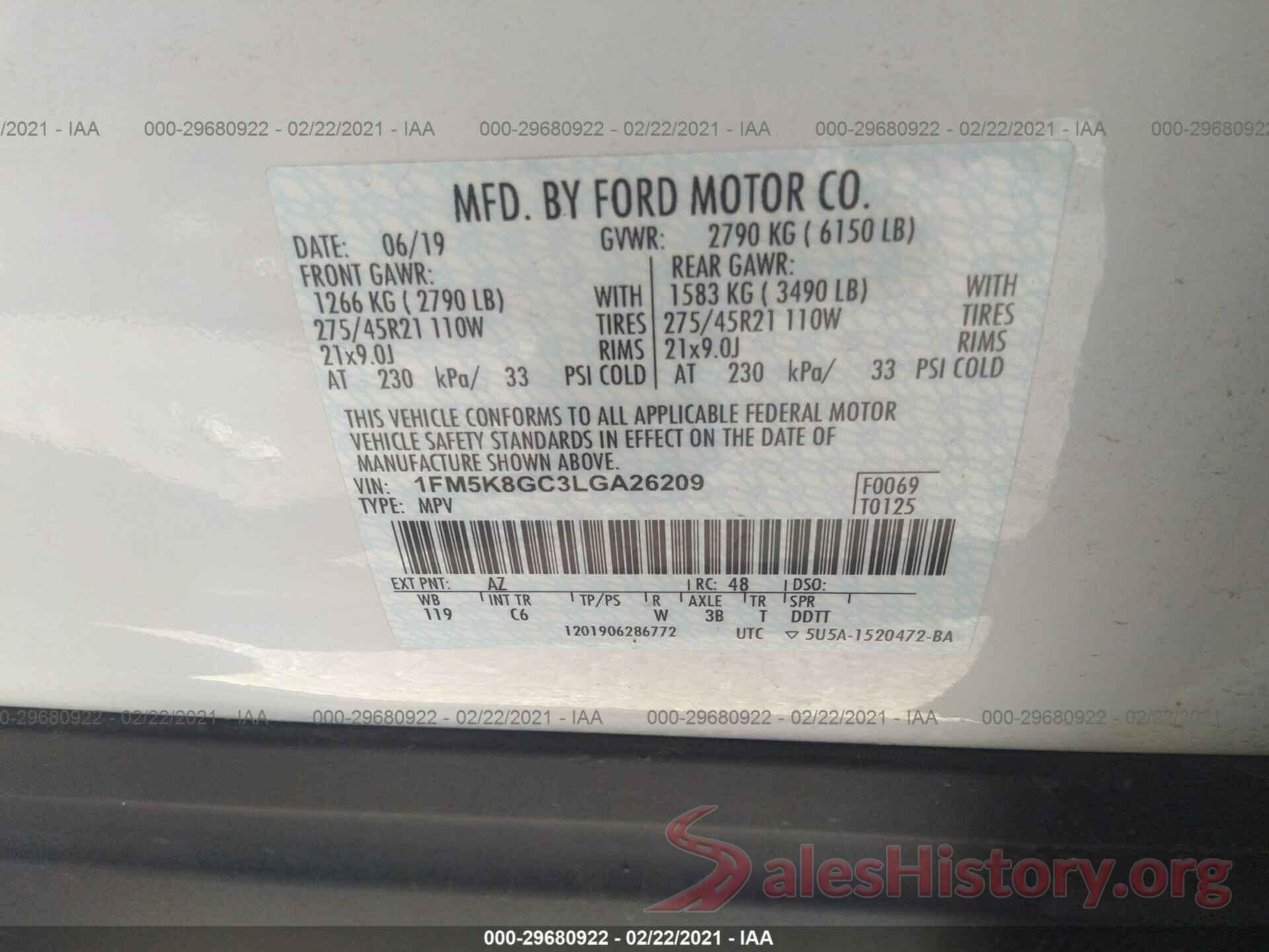 1FM5K8GC3LGA26209 2020 FORD EXPLORER