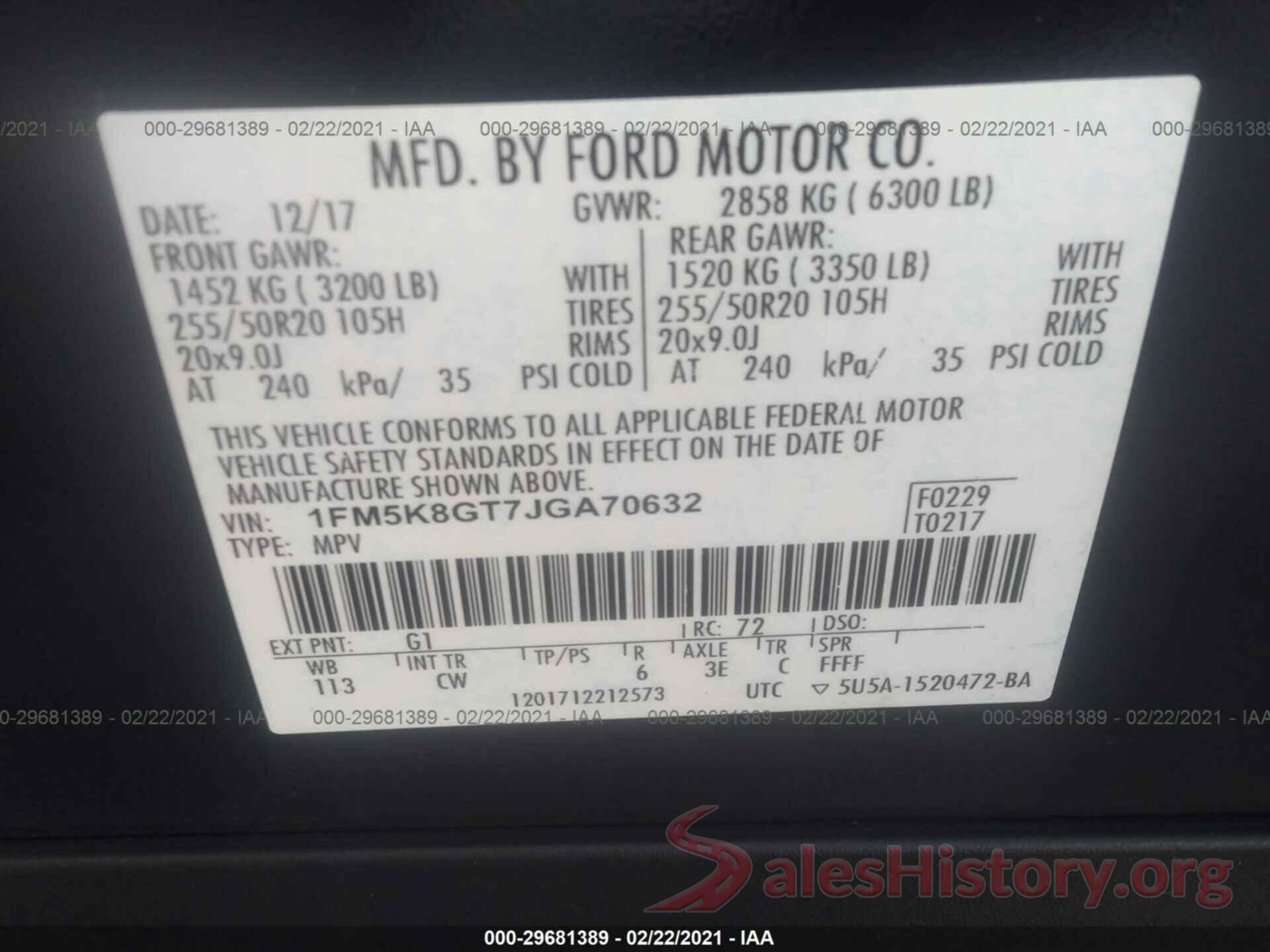 1FM5K8GT7JGA70632 2018 FORD EXPLORER