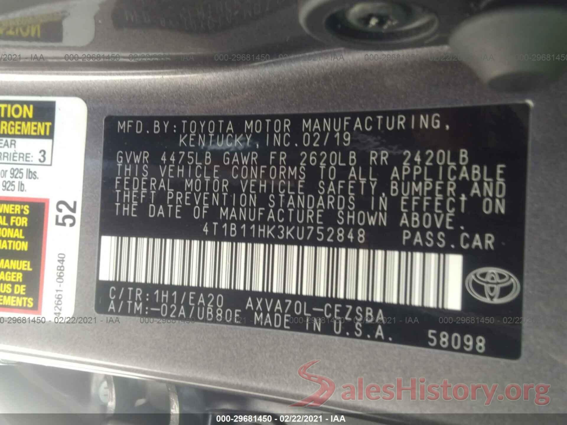 4T1B11HK3KU752848 2019 TOYOTA CAMRY