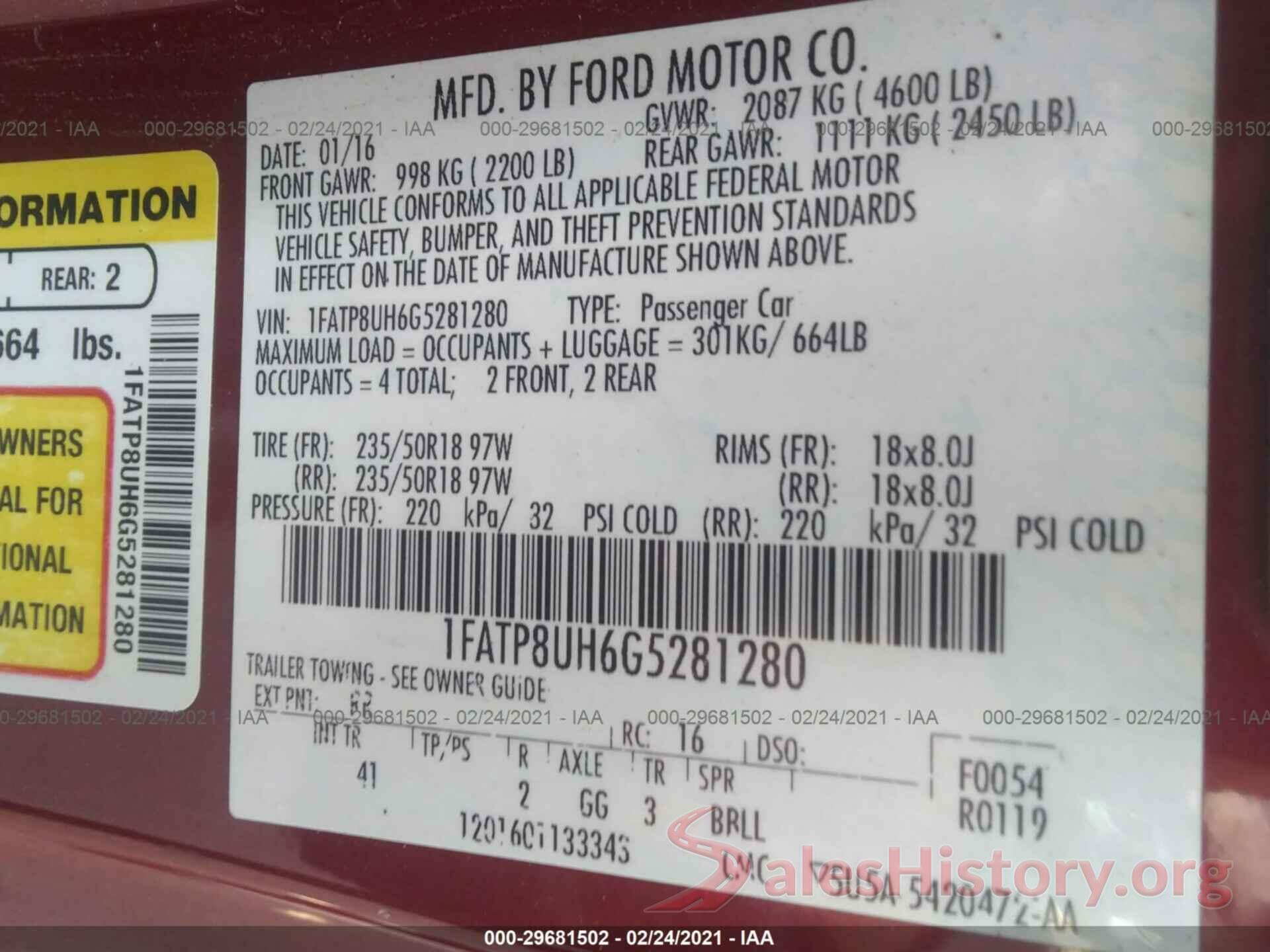 1FATP8UH6G5281280 2016 FORD MUSTANG