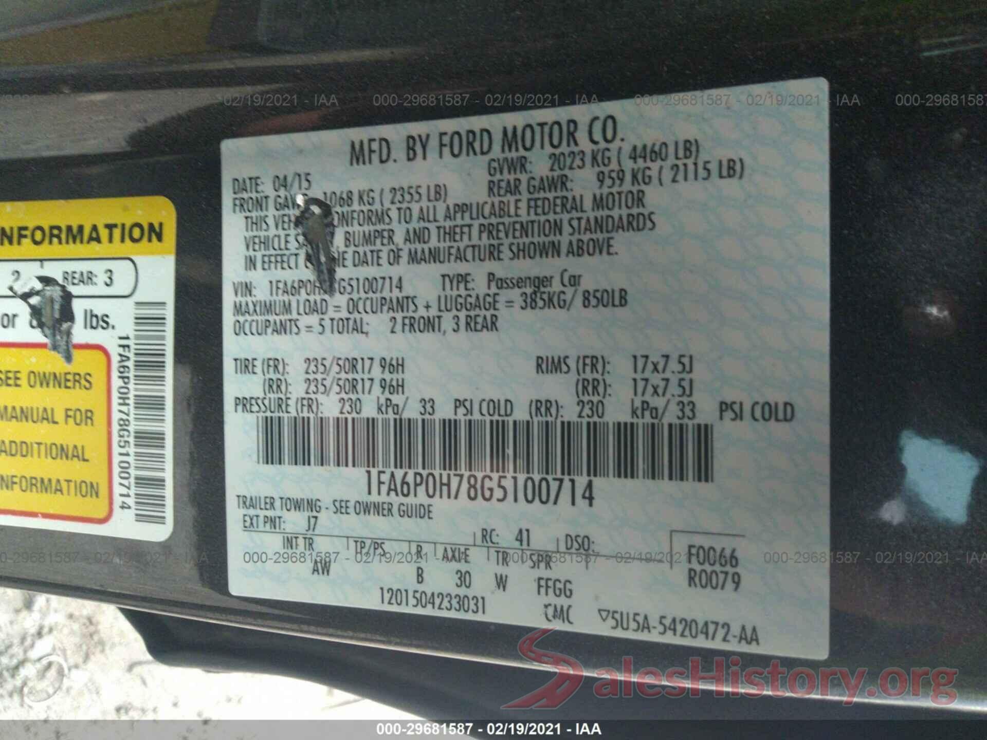 1FA6P0H78G5100714 2016 FORD FUSION