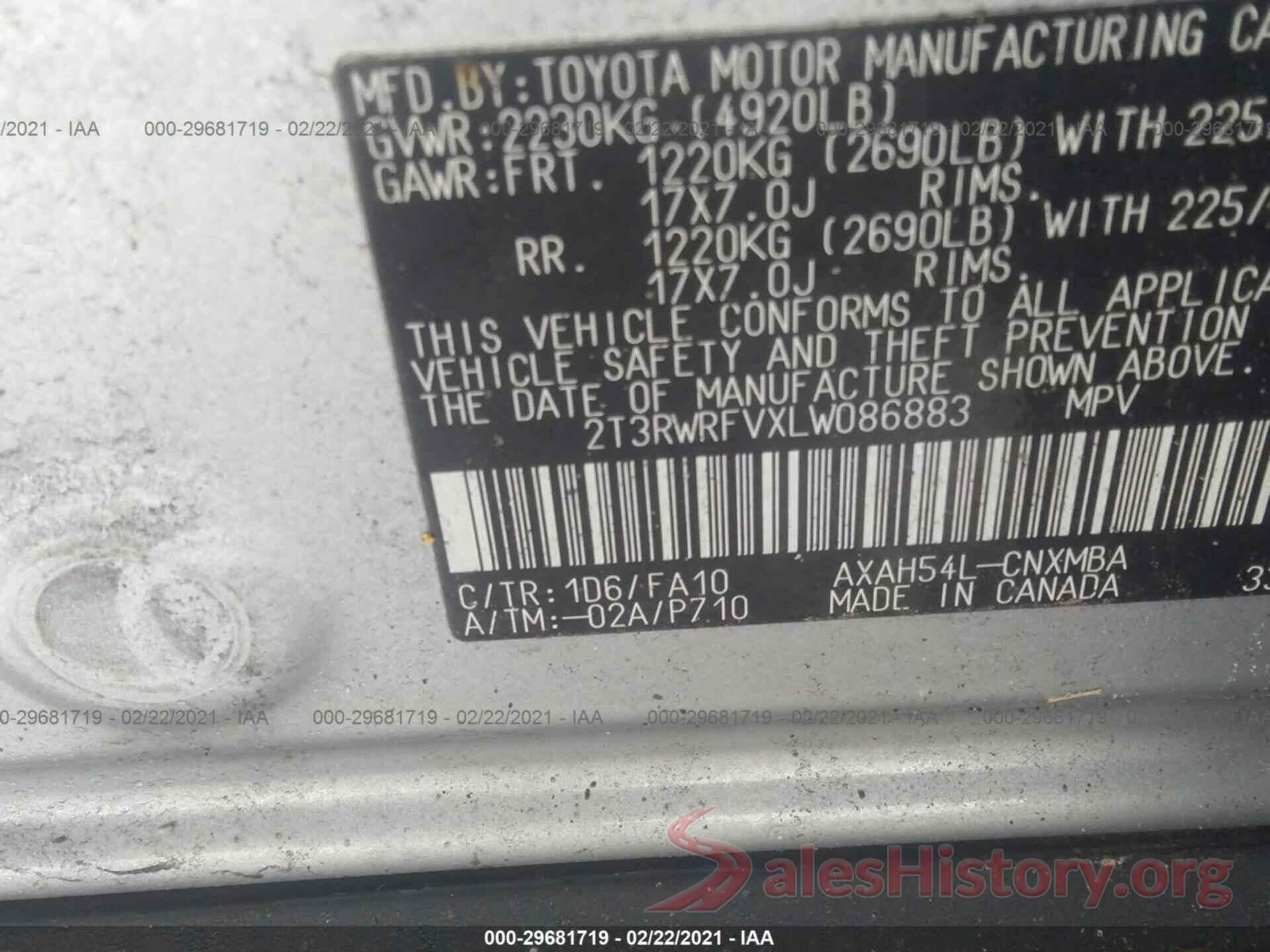 2T3RWRFVXLW086883 2020 TOYOTA RAV4