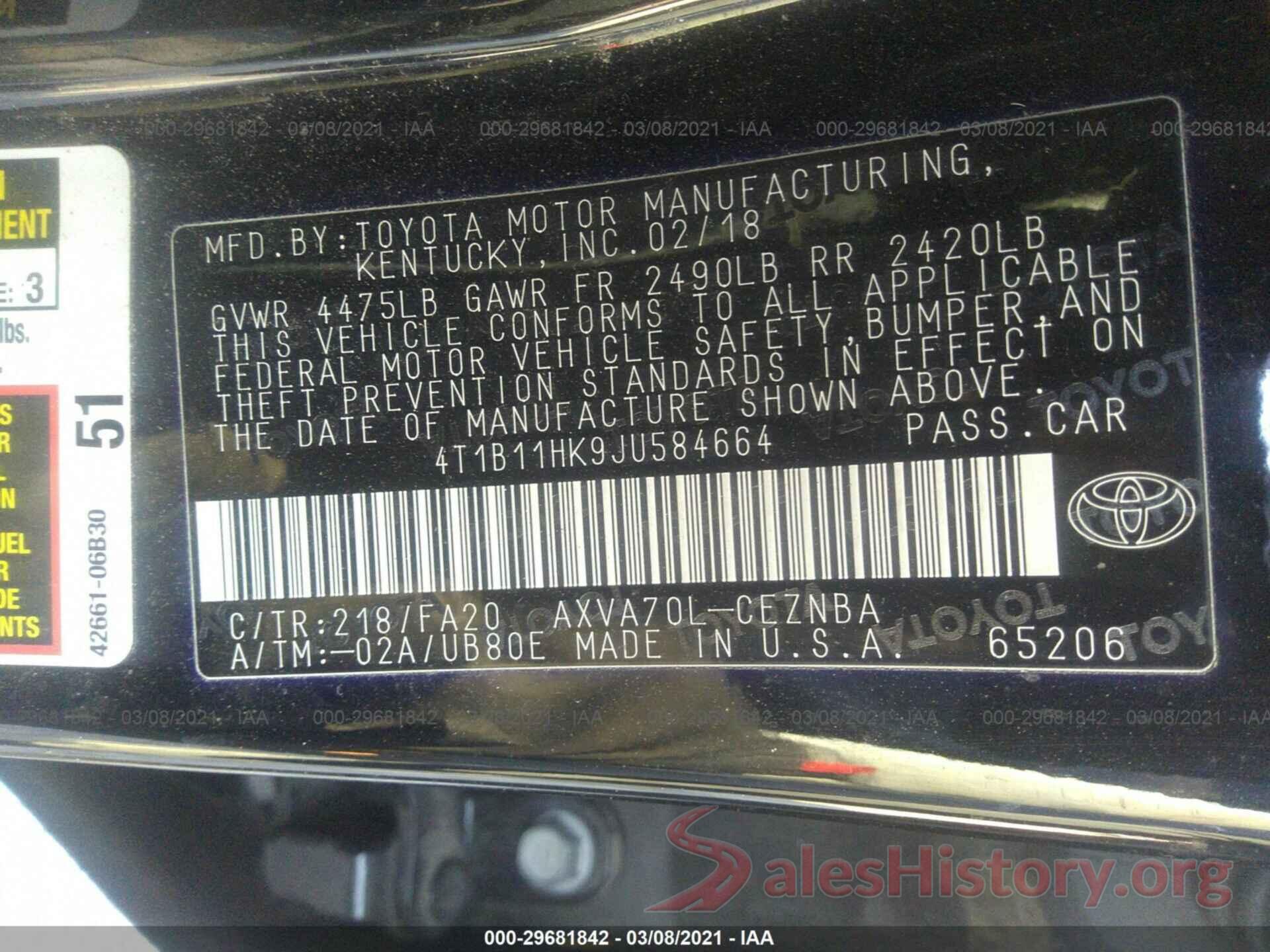 4T1B11HK9JU584664 2018 TOYOTA CAMRY