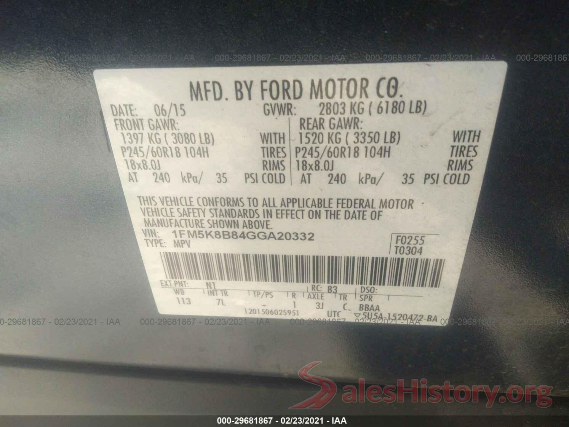 1FM5K8B84GGA20332 2016 FORD EXPLORER