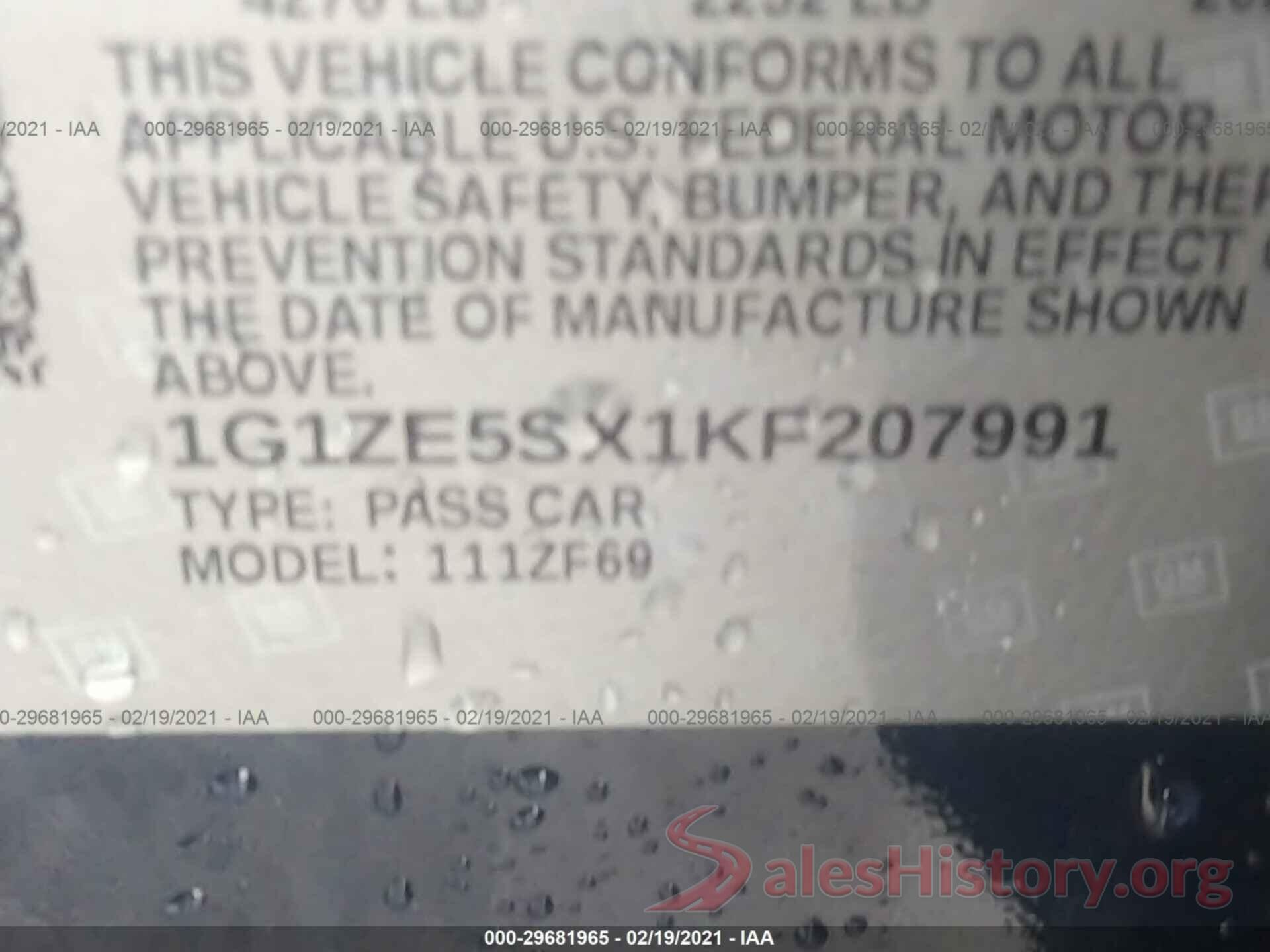 1G1ZE5SX1KF207991 2019 CHEVROLET MALIBU