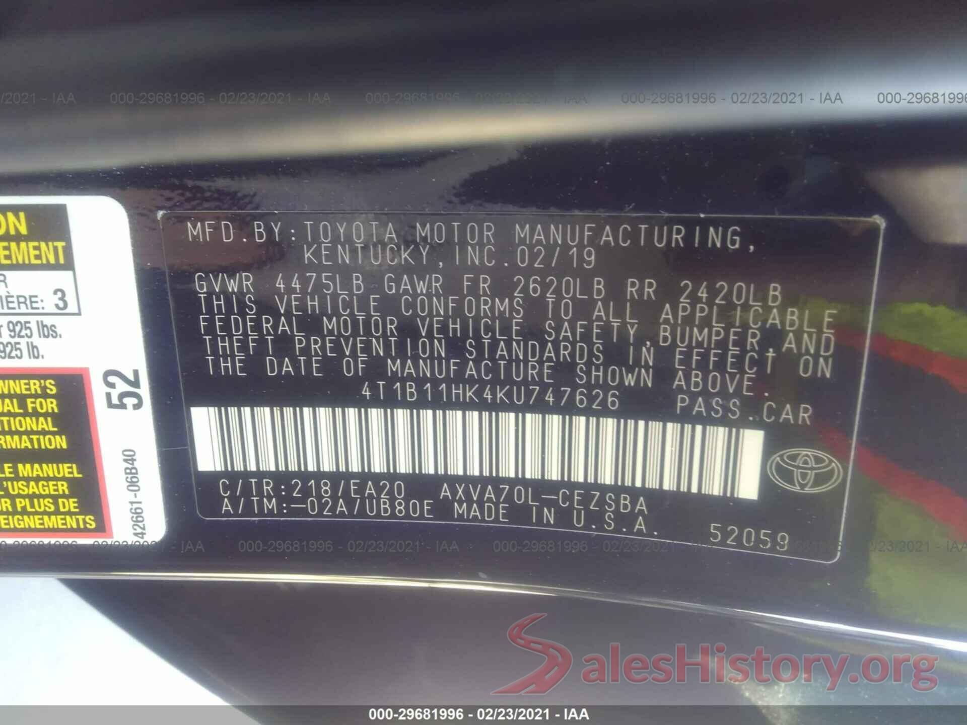 4T1B11HK4KU747626 2019 TOYOTA CAMRY