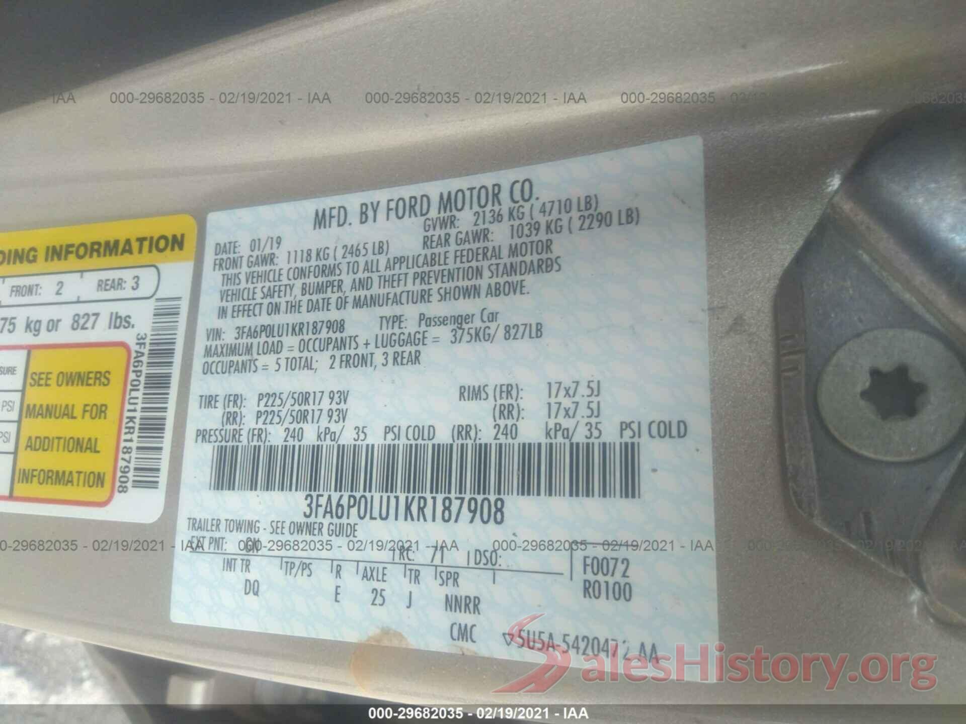 3FA6P0LU1KR187908 2019 FORD FUSION HYBRID