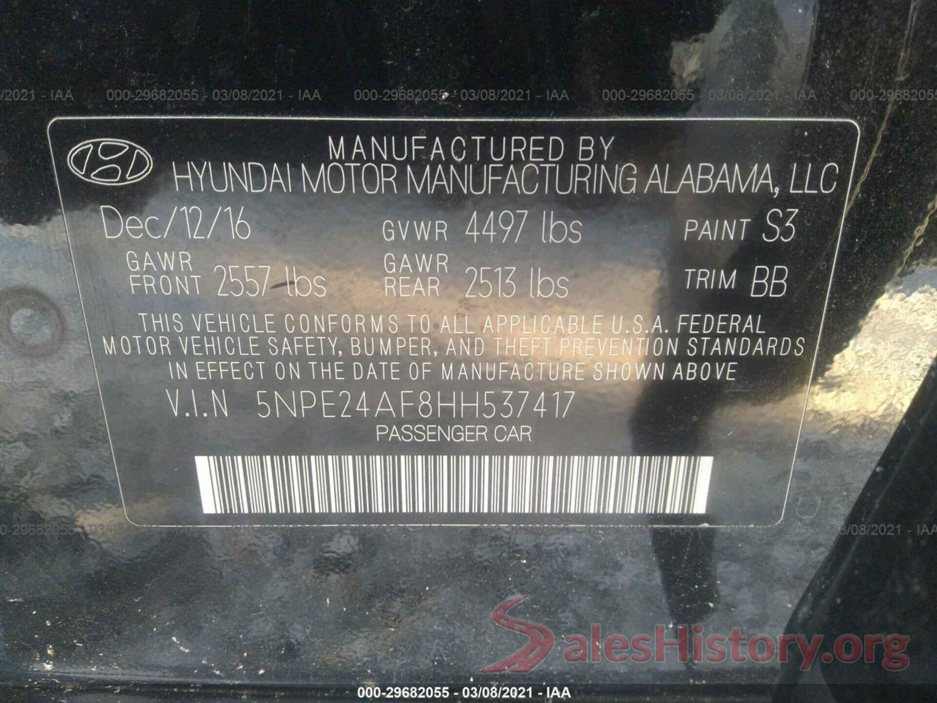 5NPE24AF8HH537417 2017 HYUNDAI SONATA