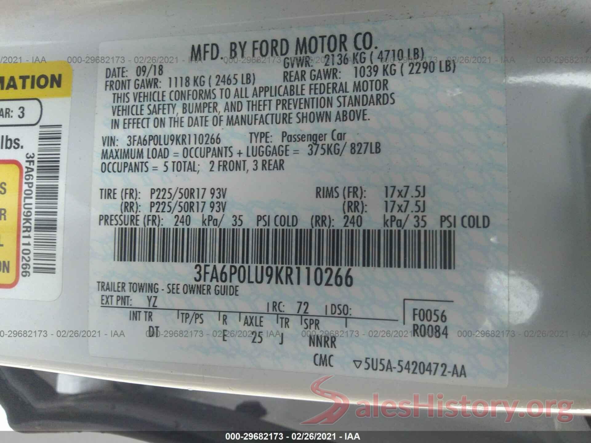 3FA6P0LU9KR110266 2019 FORD FUSION HYBRID