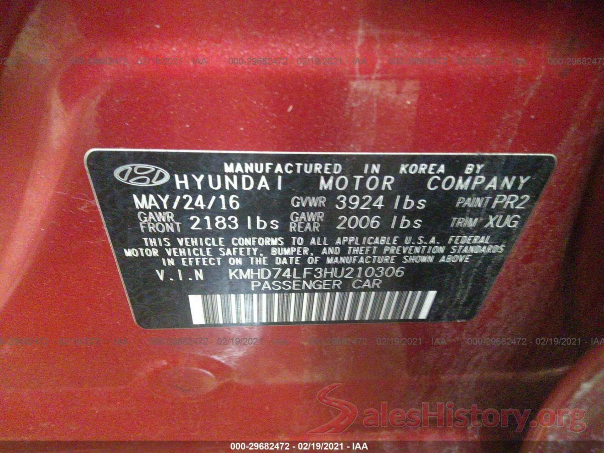 KMHD74LF3HU210306 2017 HYUNDAI ELANTRA