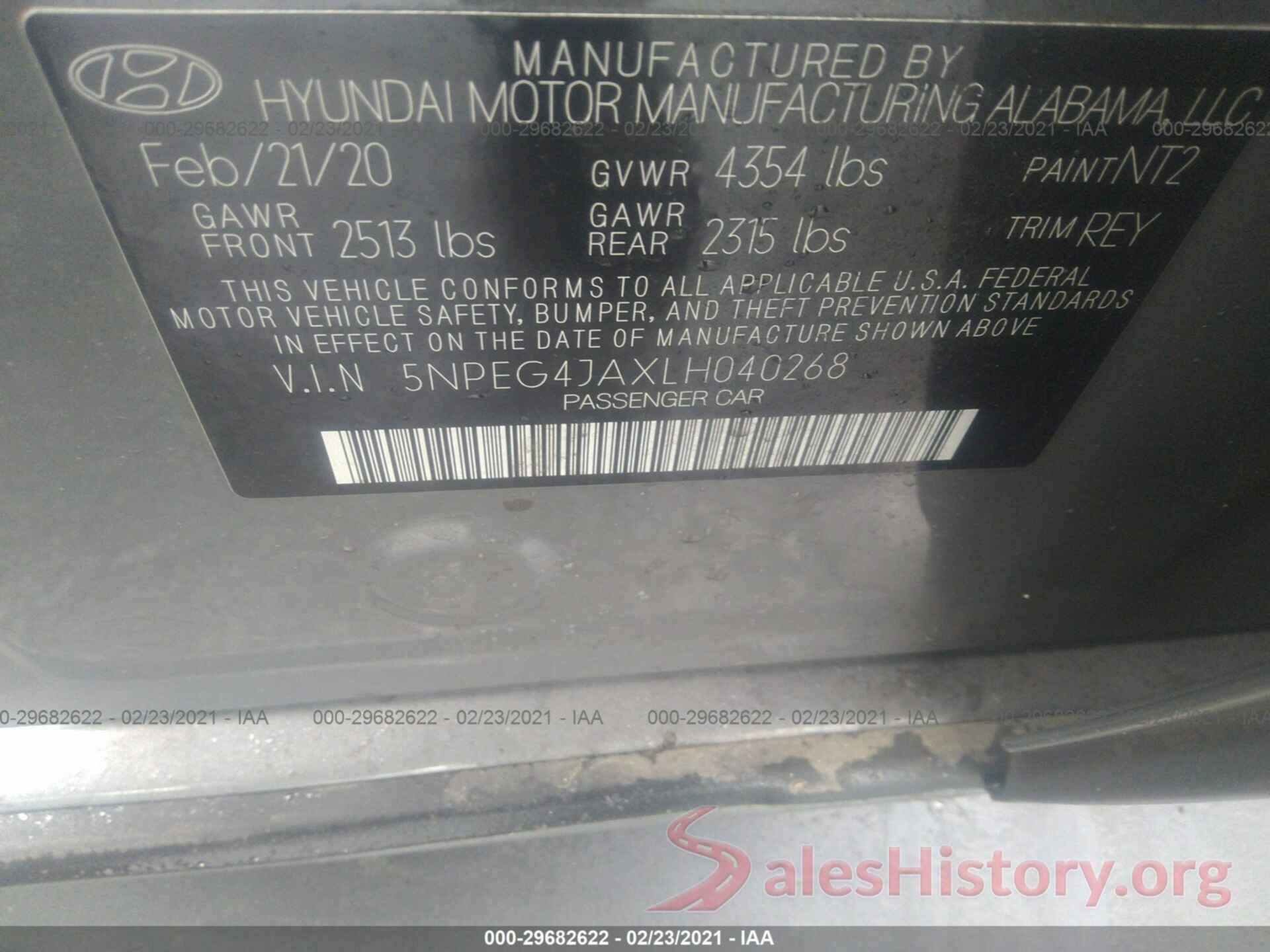 5NPEG4JAXLH040268 2020 HYUNDAI SONATA