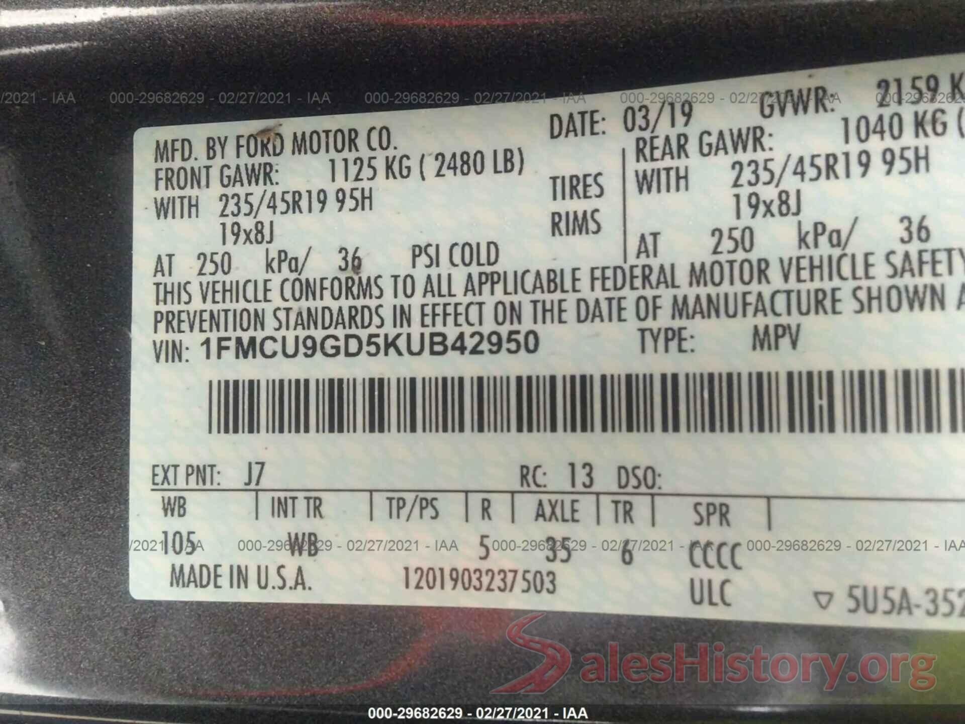 1FMCU9GD5KUB42950 2019 FORD ESCAPE