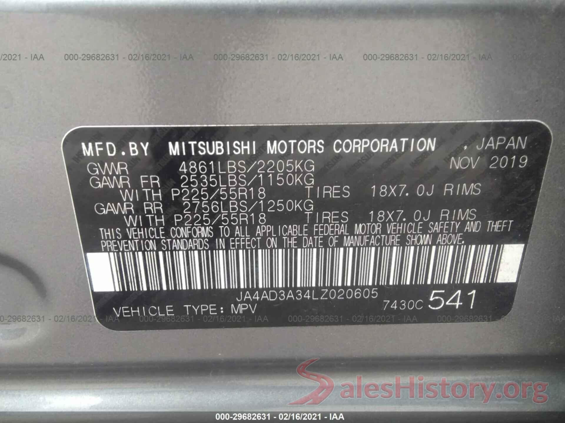 JA4AD3A34LZ020605 2020 MITSUBISHI OUTLANDER