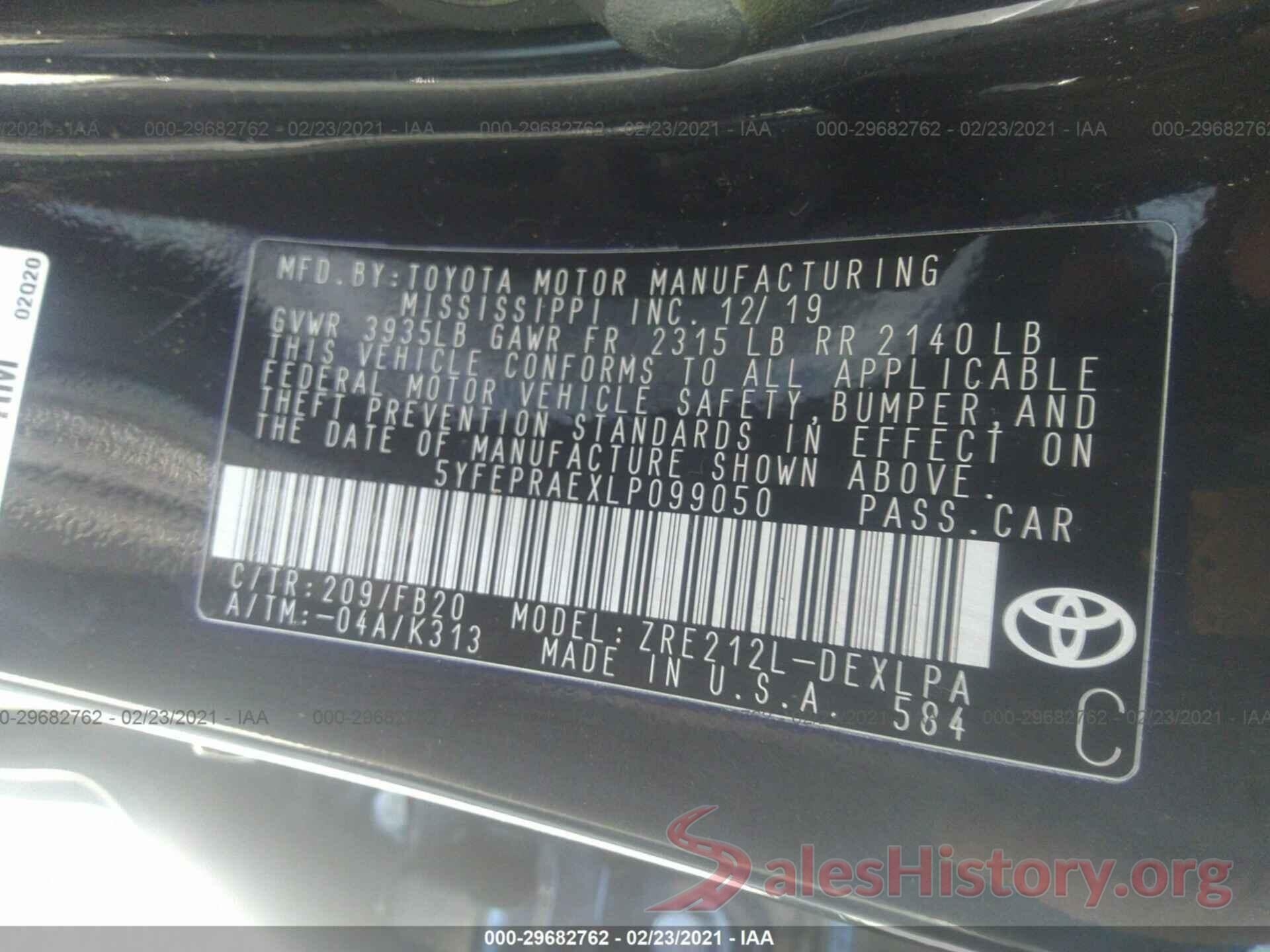 5YFEPRAEXLP099050 2020 TOYOTA COROLLA