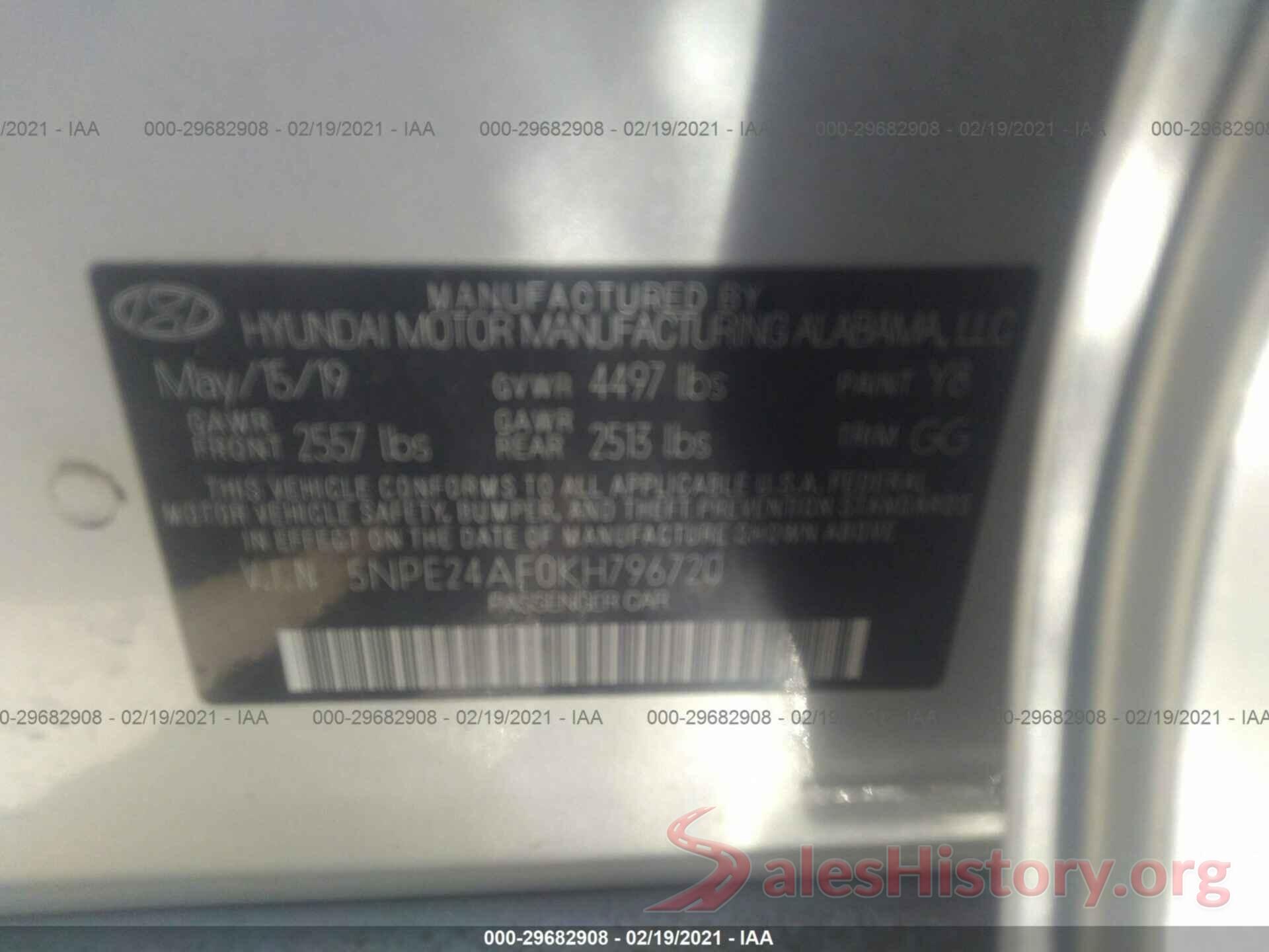 5NPE24AF0KH796720 2019 HYUNDAI SONATA