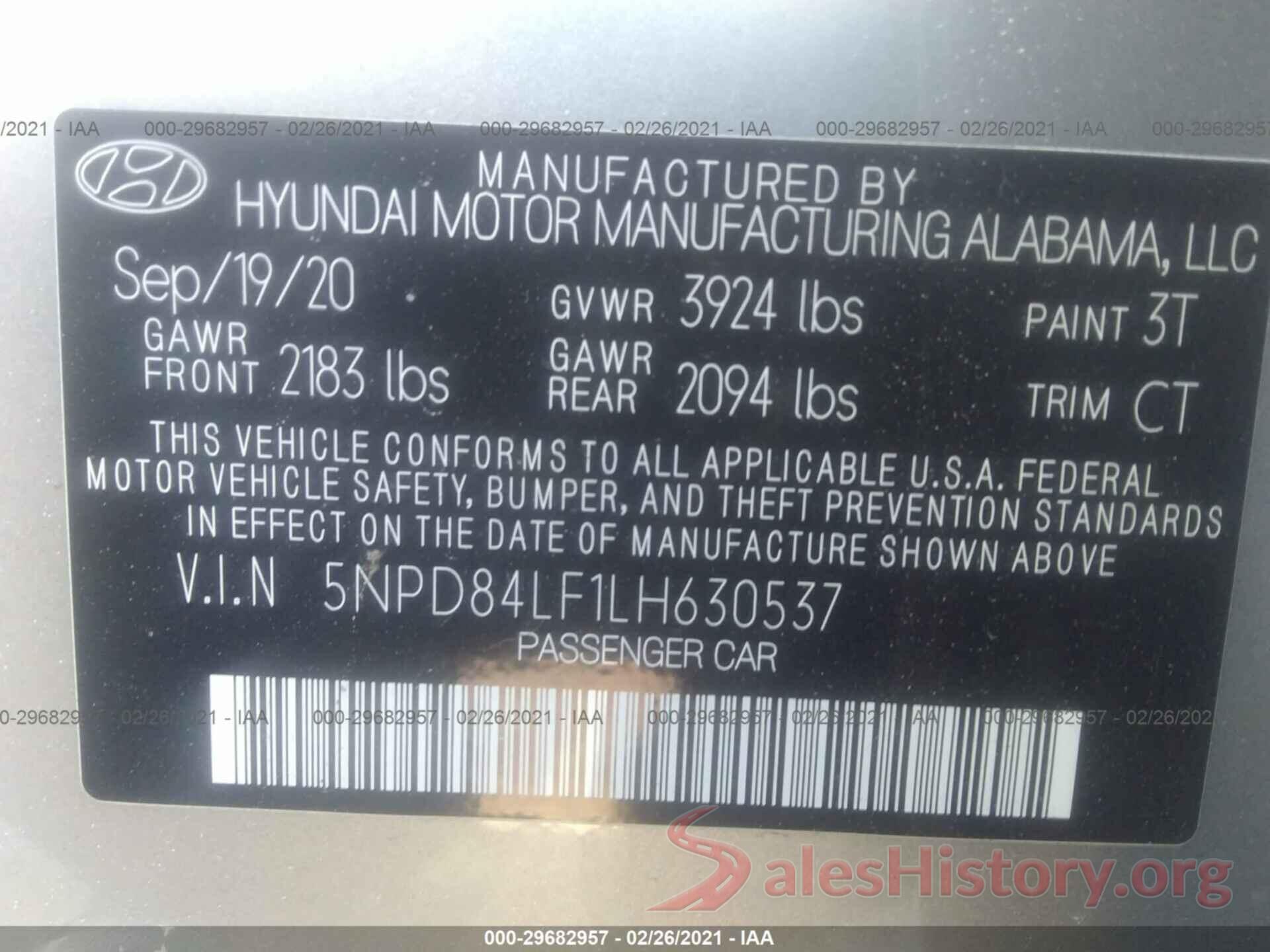 5NPD84LF1LH630537 2020 HYUNDAI ELANTRA