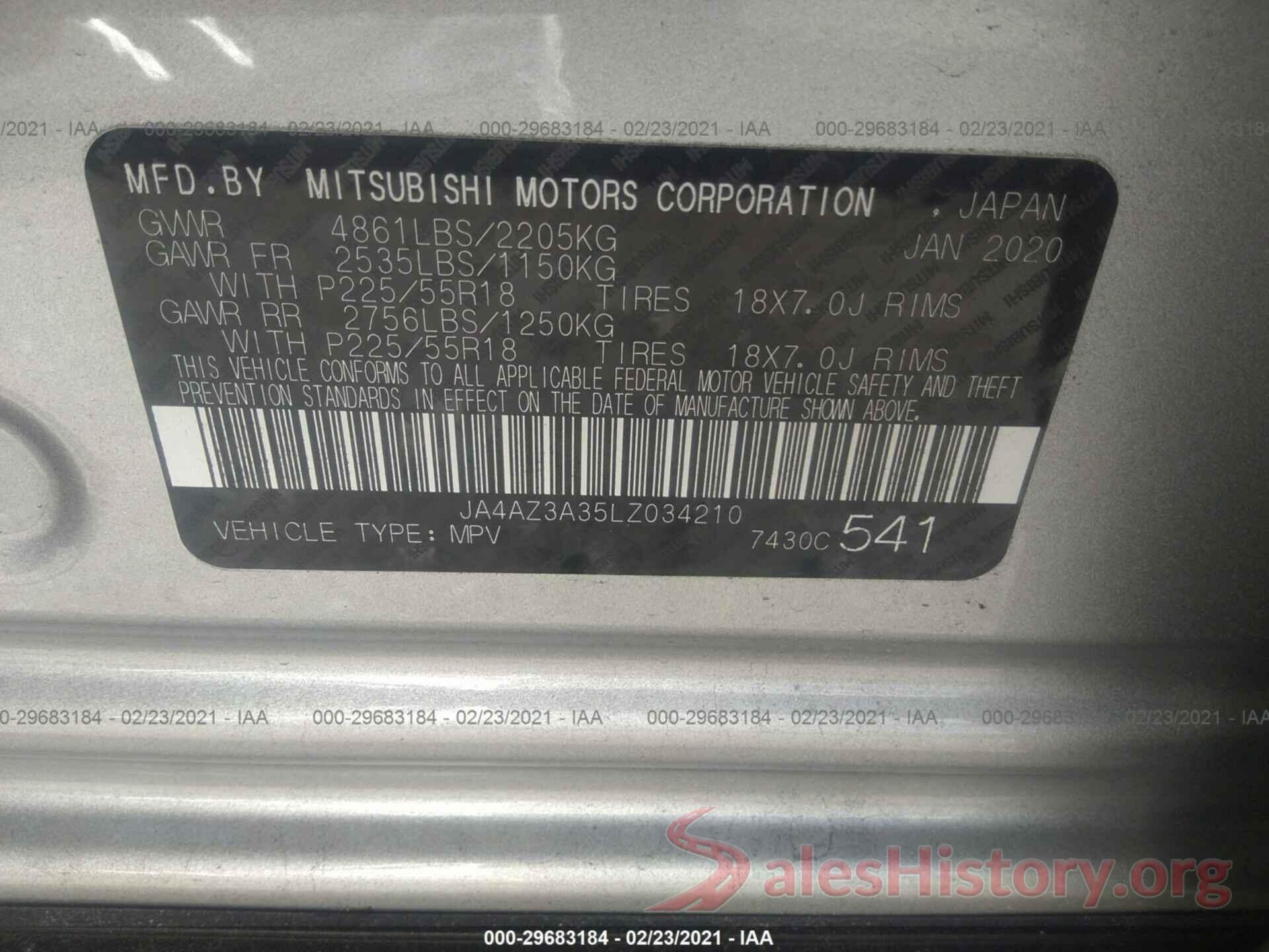 JA4AZ3A35LZ034210 2020 MITSUBISHI OUTLANDER