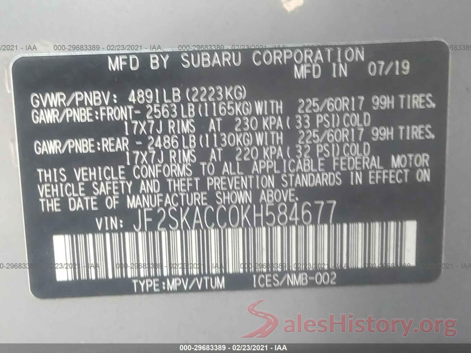 JF2SKACC0KH584677 2019 SUBARU FORESTER