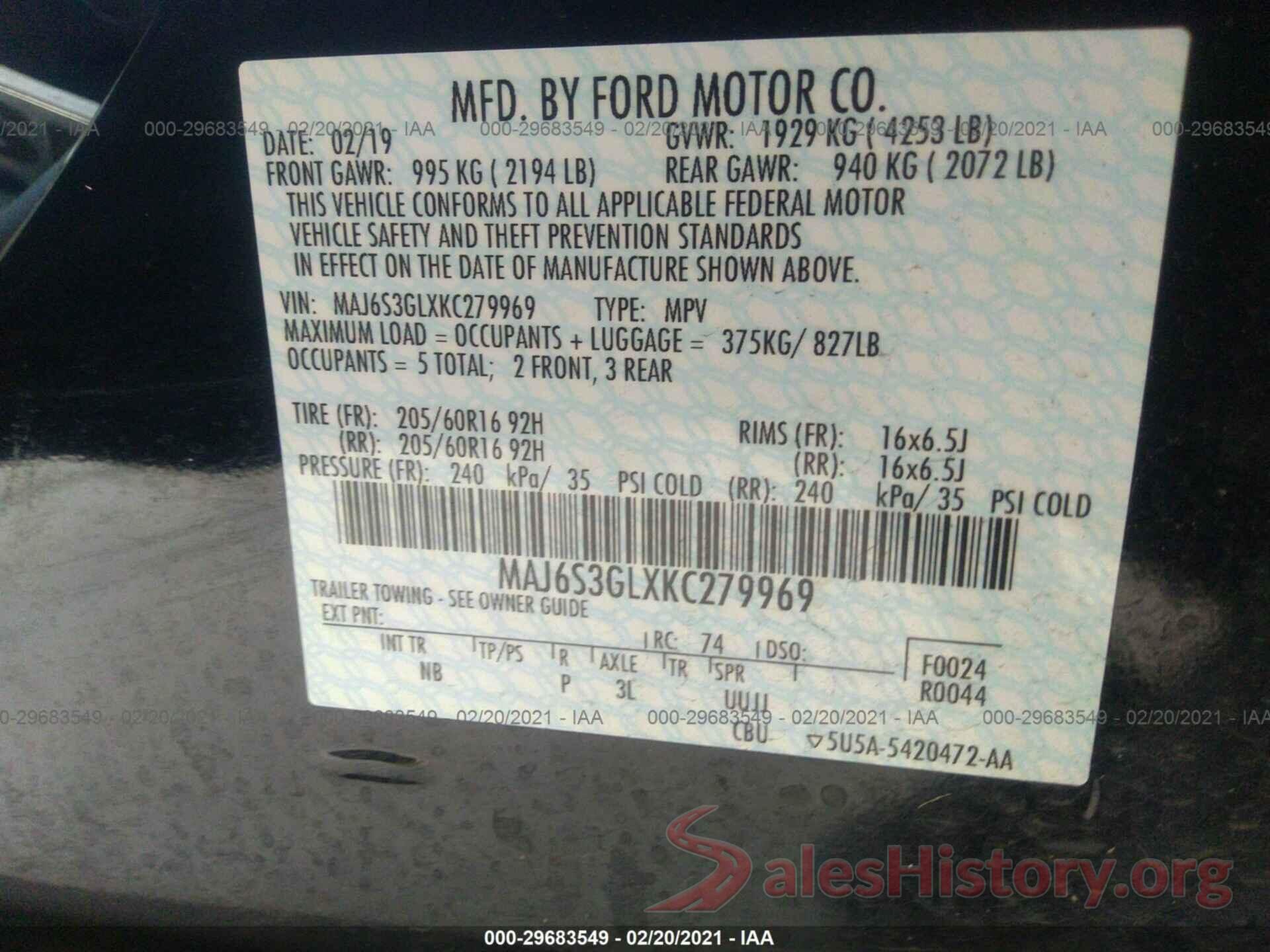 MAJ6S3GLXKC279969 2019 FORD ECOSPORT