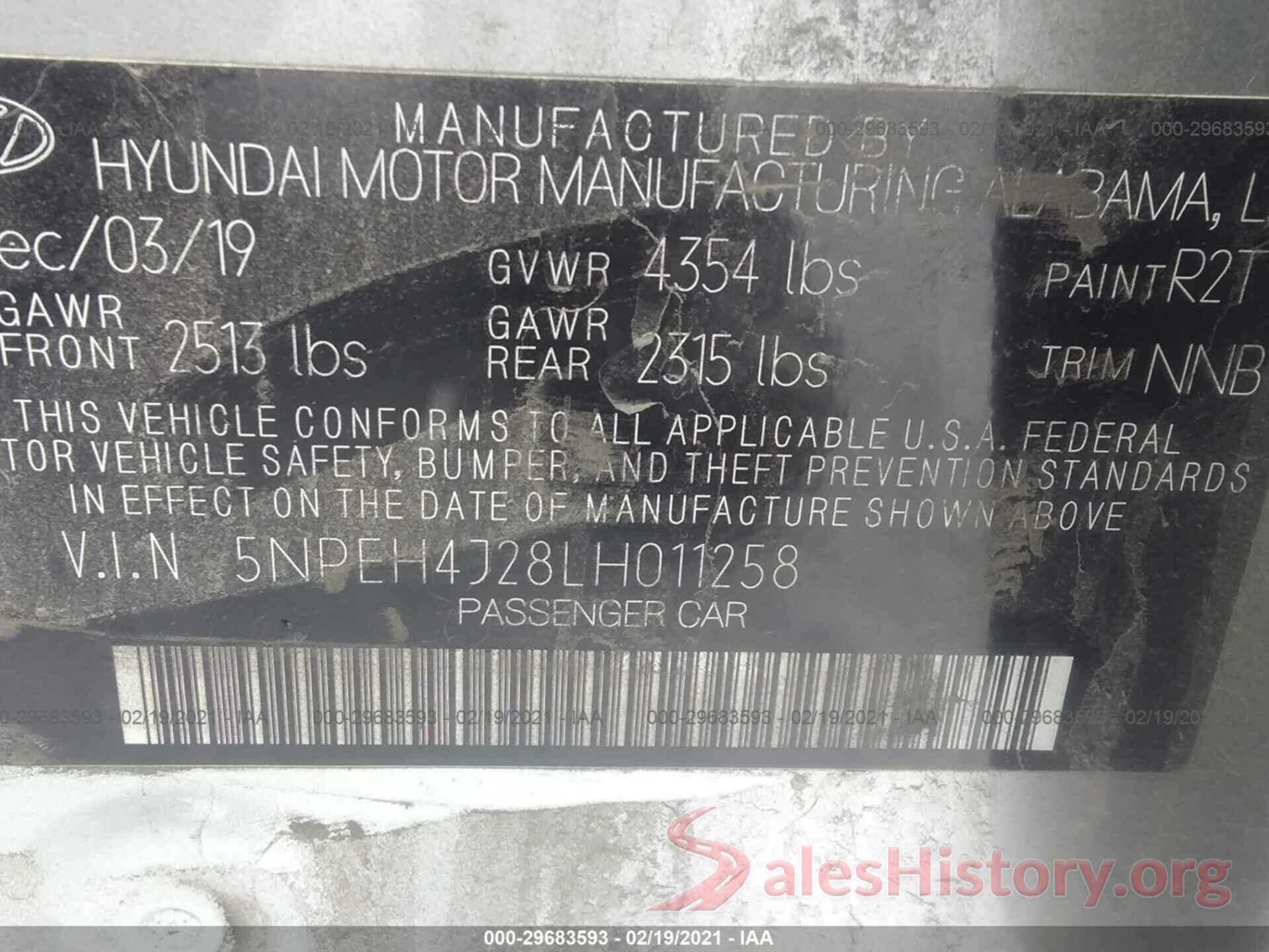 5NPEH4J28LH011258 2020 HYUNDAI SONATA