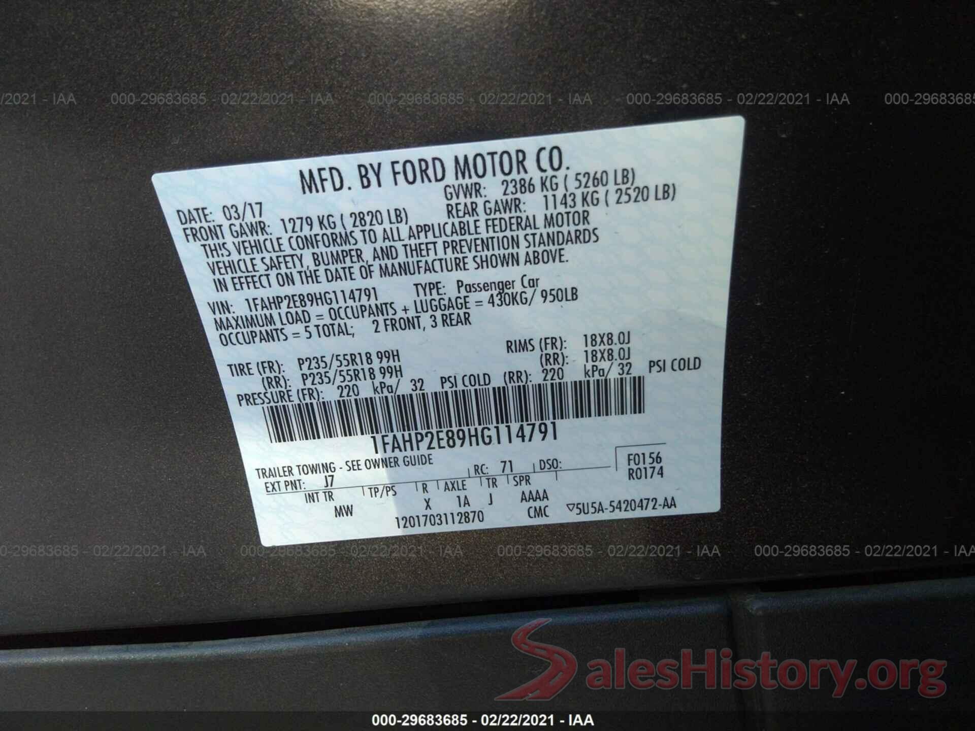 1FAHP2E89HG114791 2017 FORD TAURUS