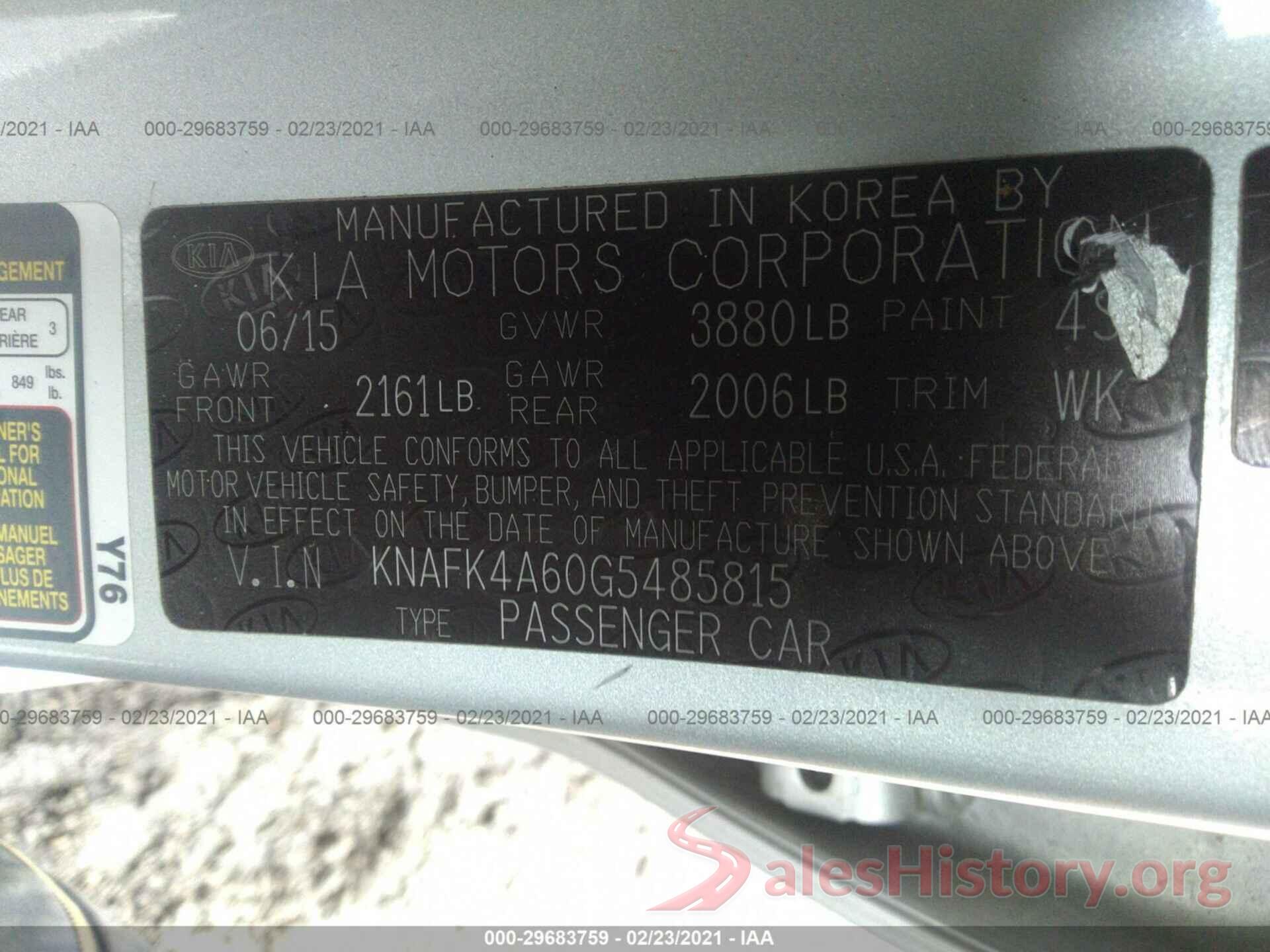 KNAFK4A60G5485815 2016 KIA FORTE