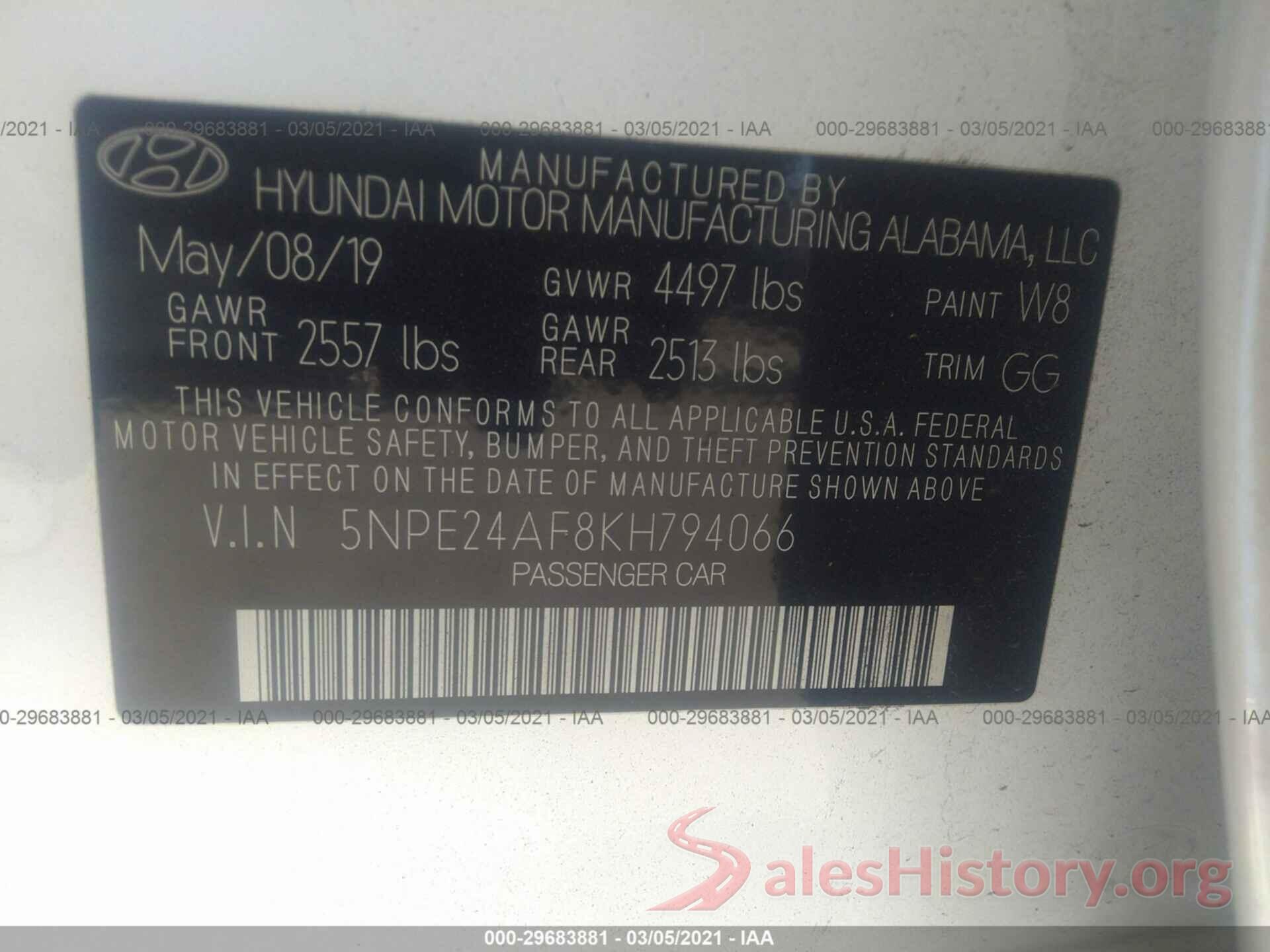 5NPE24AF8KH794066 2019 HYUNDAI SONATA