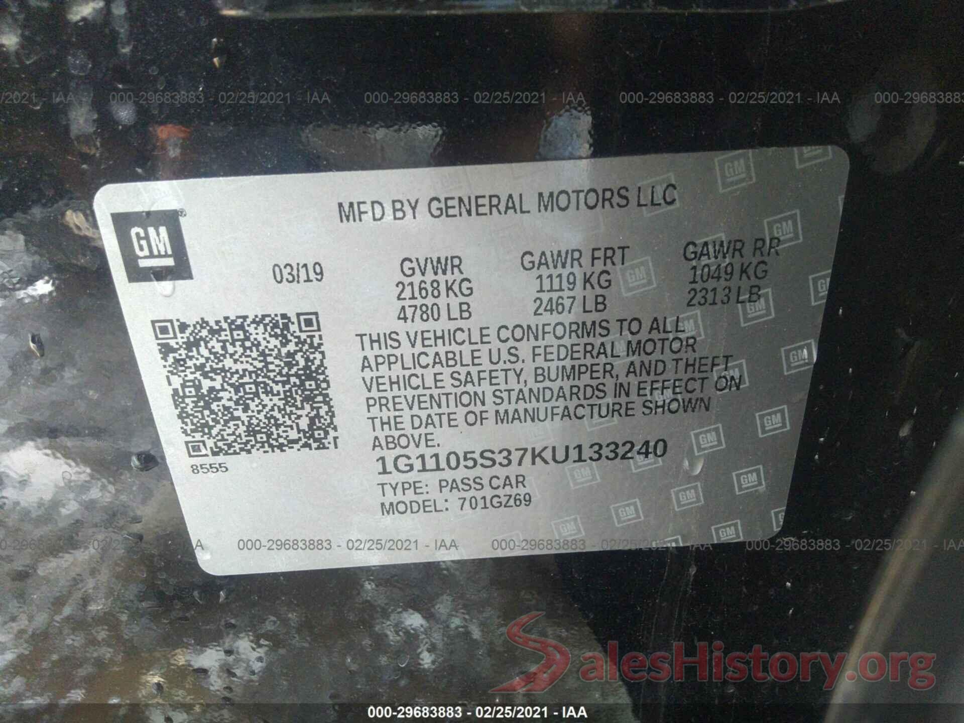 1G1105S37KU133240 2019 CHEVROLET IMPALA