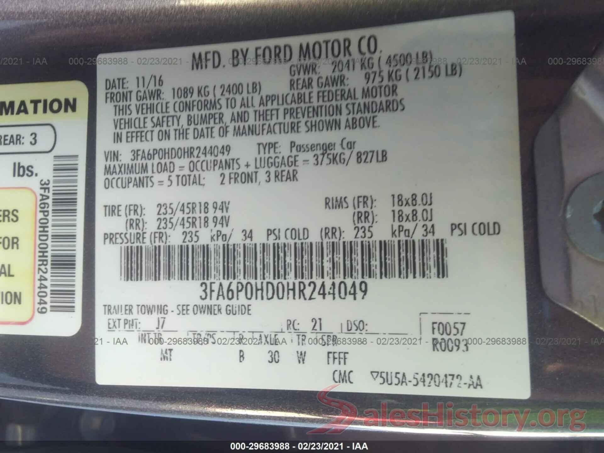 3FA6P0HD0HR244049 2017 FORD FUSION