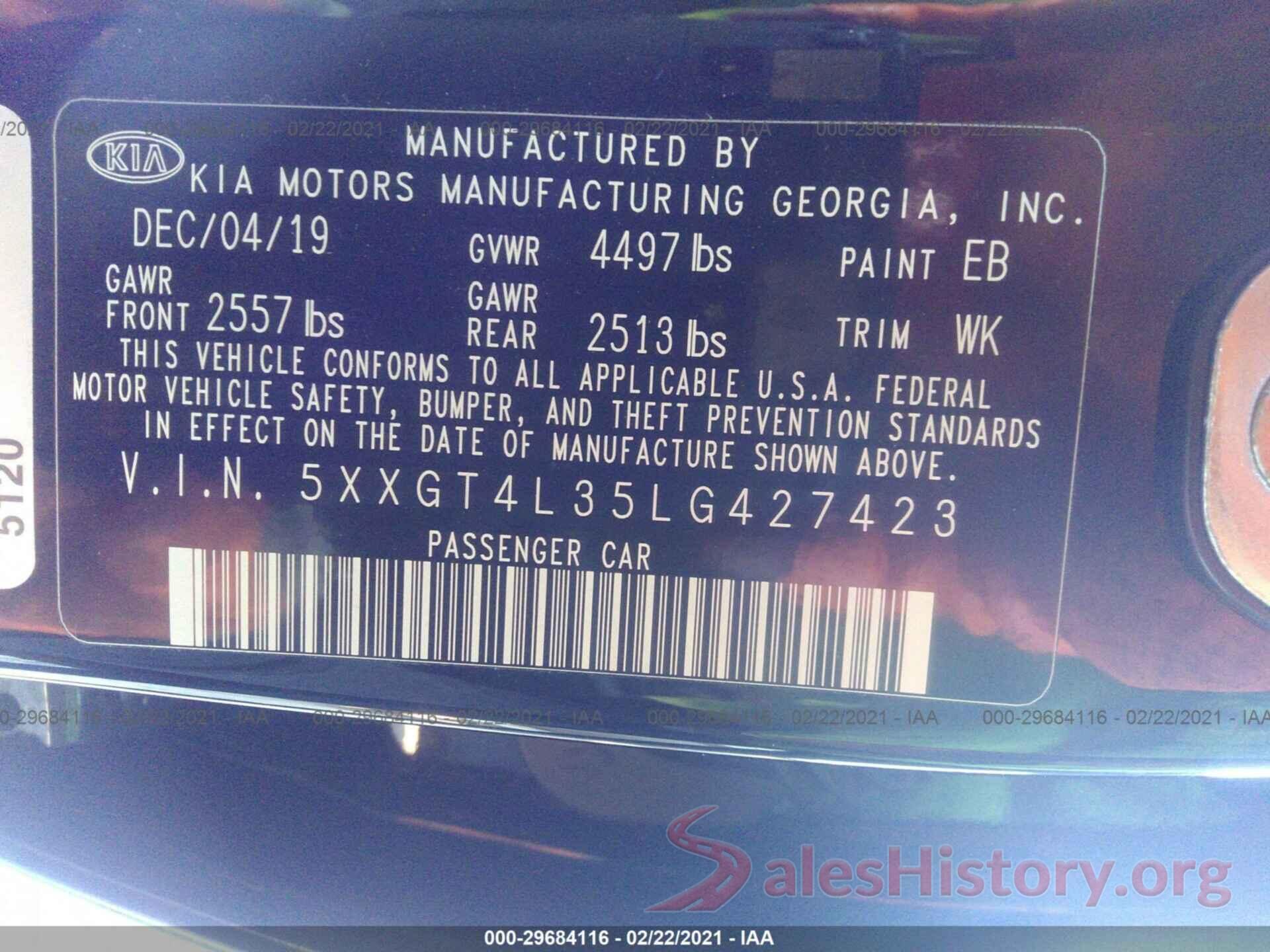 5XXGT4L35LG427423 2020 KIA OPTIMA