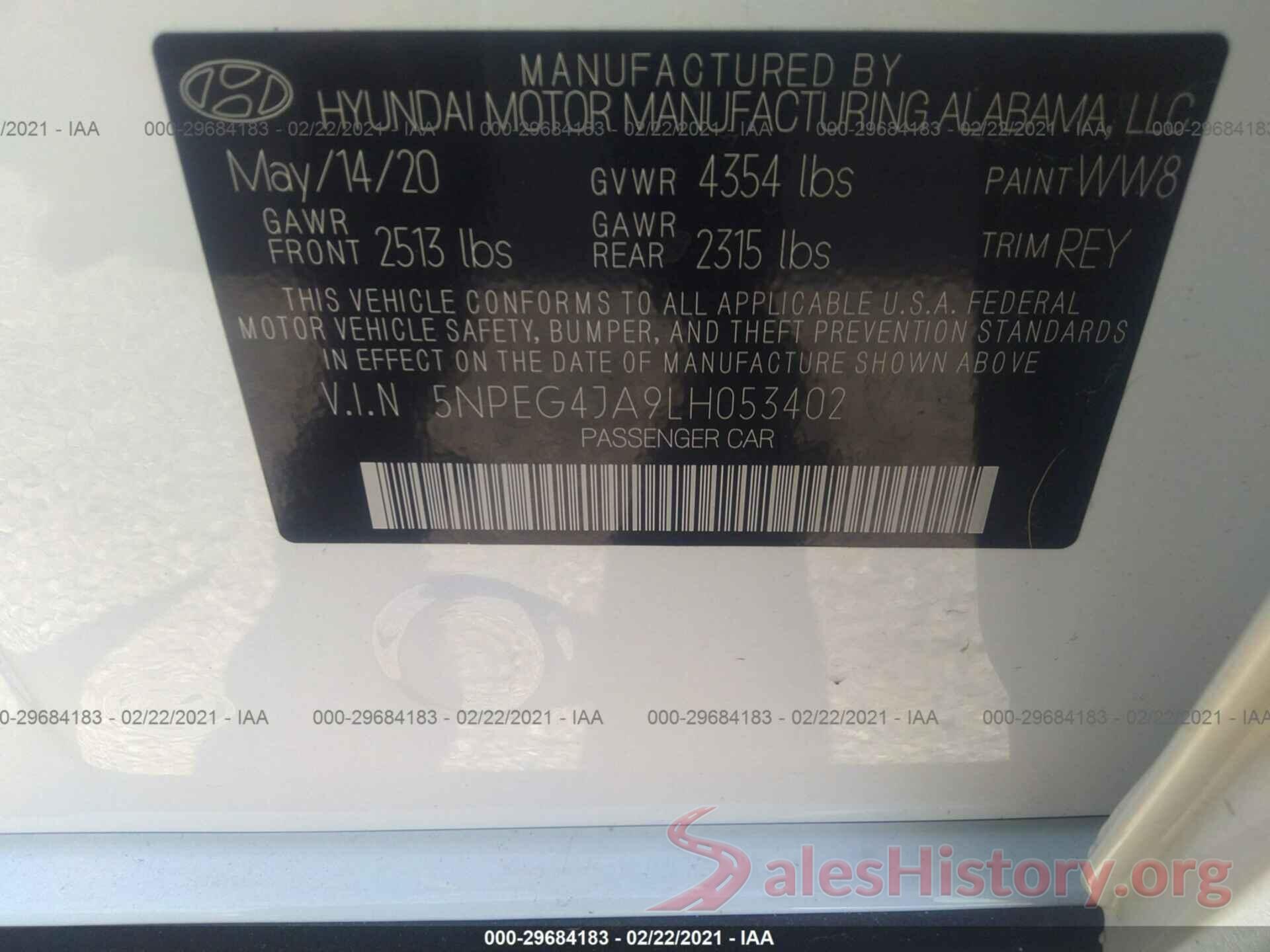 5NPEG4JA9LH053402 2020 HYUNDAI SONATA