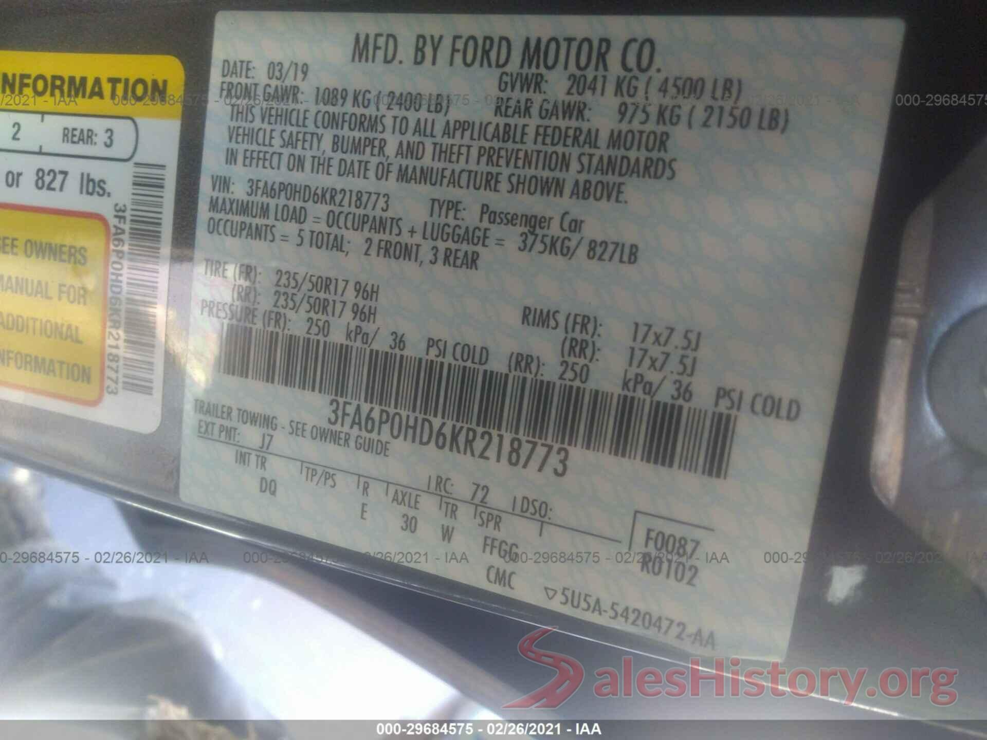 3FA6P0HD6KR218773 2019 FORD FUSION