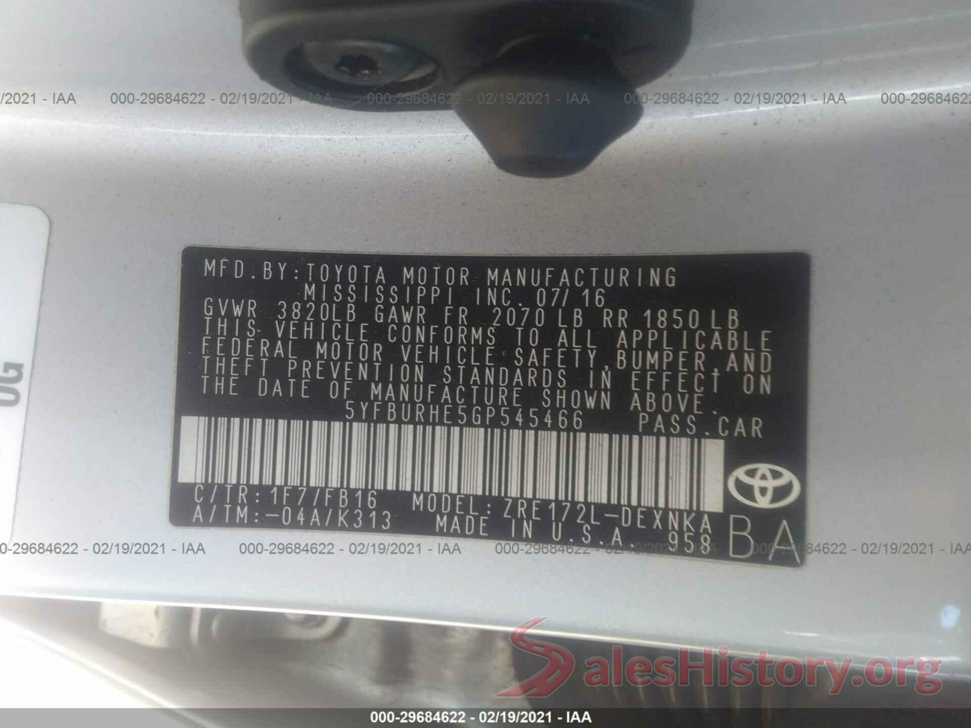 5YFBURHE5GP545466 2016 TOYOTA COROLLA