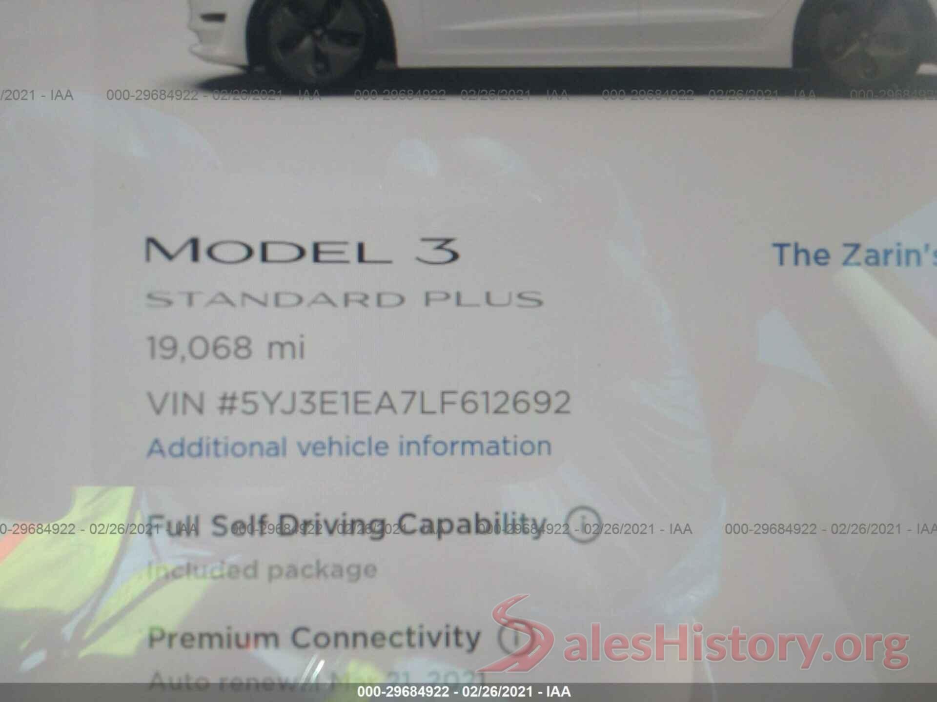 5YJ3E1EA7LF612692 2020 TESLA MODEL 3