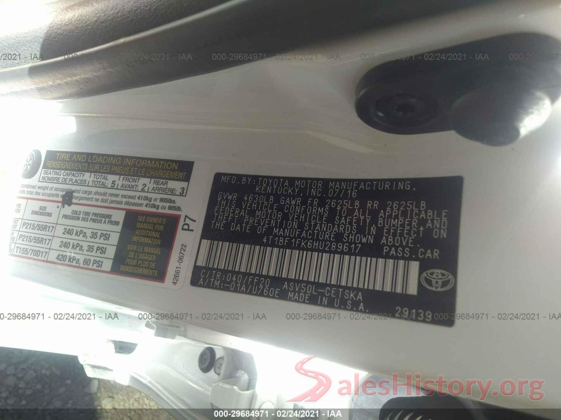 4T1BF1FK6HU289617 2017 TOYOTA CAMRY