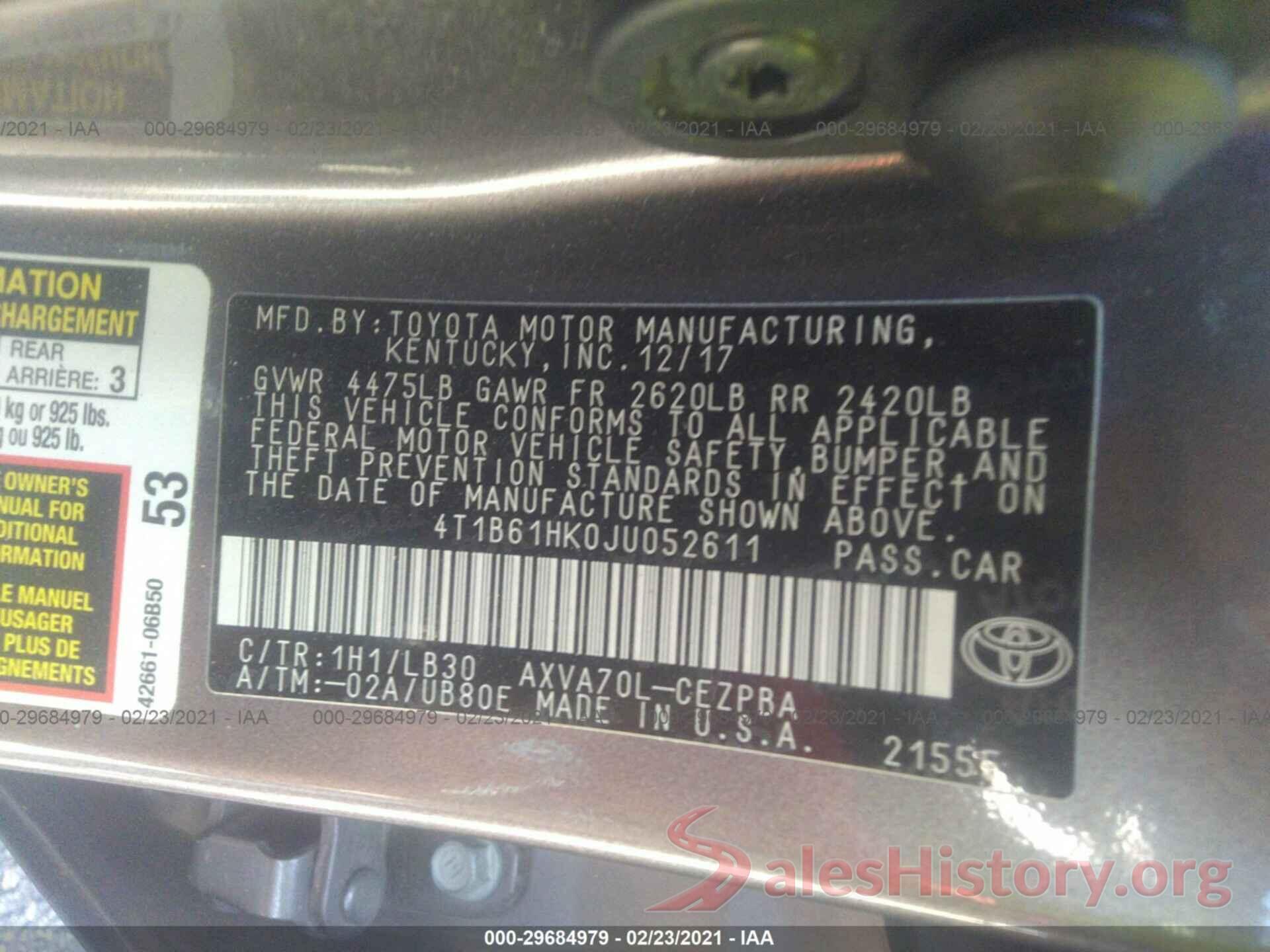 4T1B61HK0JU052611 2018 TOYOTA CAMRY