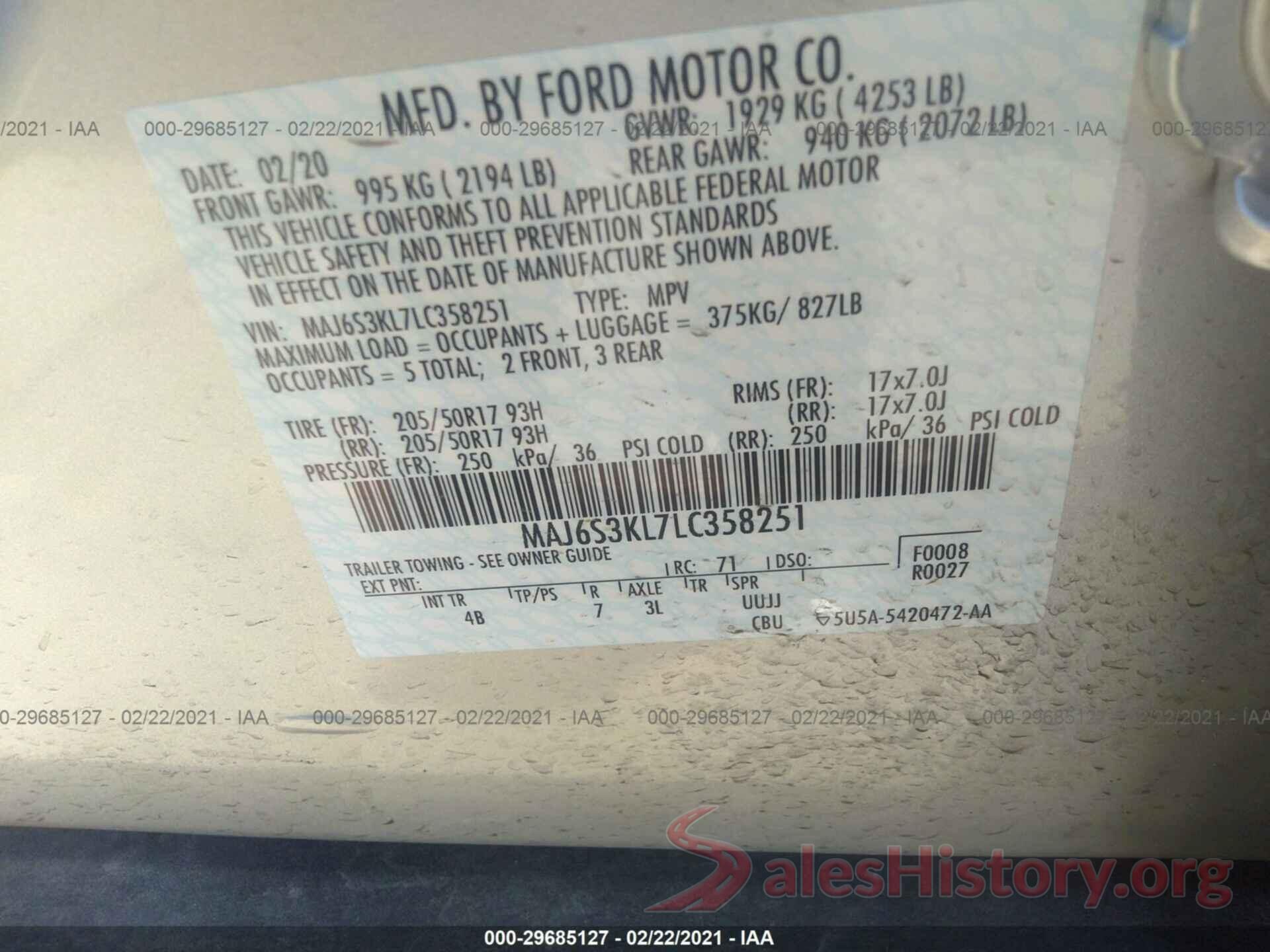 MAJ6S3KL7LC358251 2020 FORD ECOSPORT